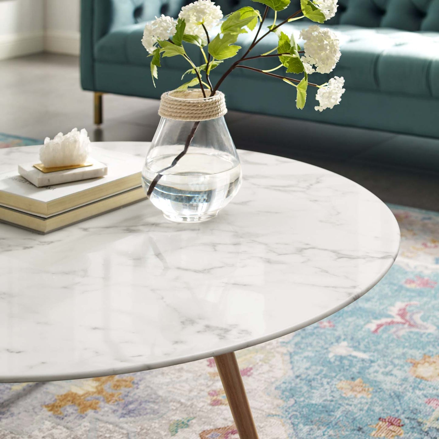 Lippa 40" Round Artificial Marble Coffee Table with Tripod Base, Artificial Marble Stone Metal, White Natural Walnut, 17889