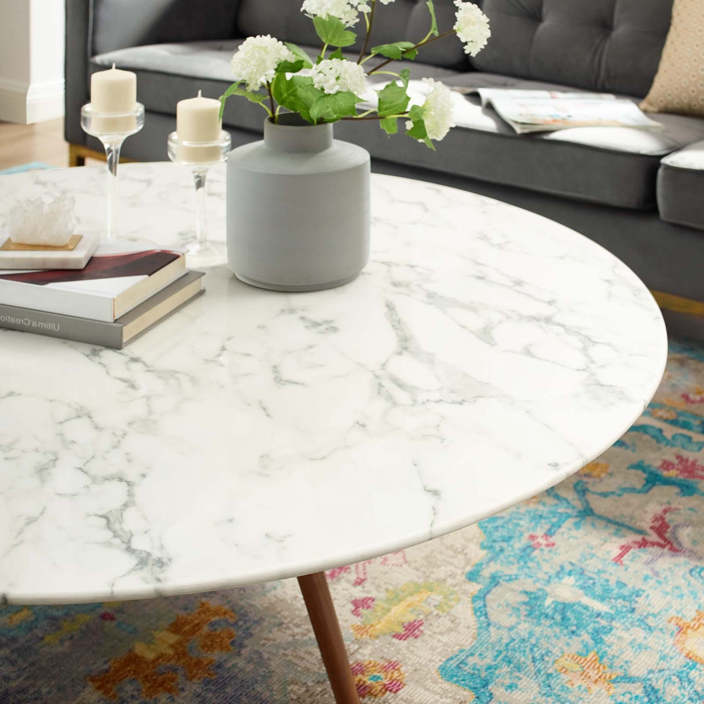 Lippa 47" Round Artificial Marble Coffee Table with Tripod Base, Artificial Marble Stone Metal, White Natural Walnut, 17890