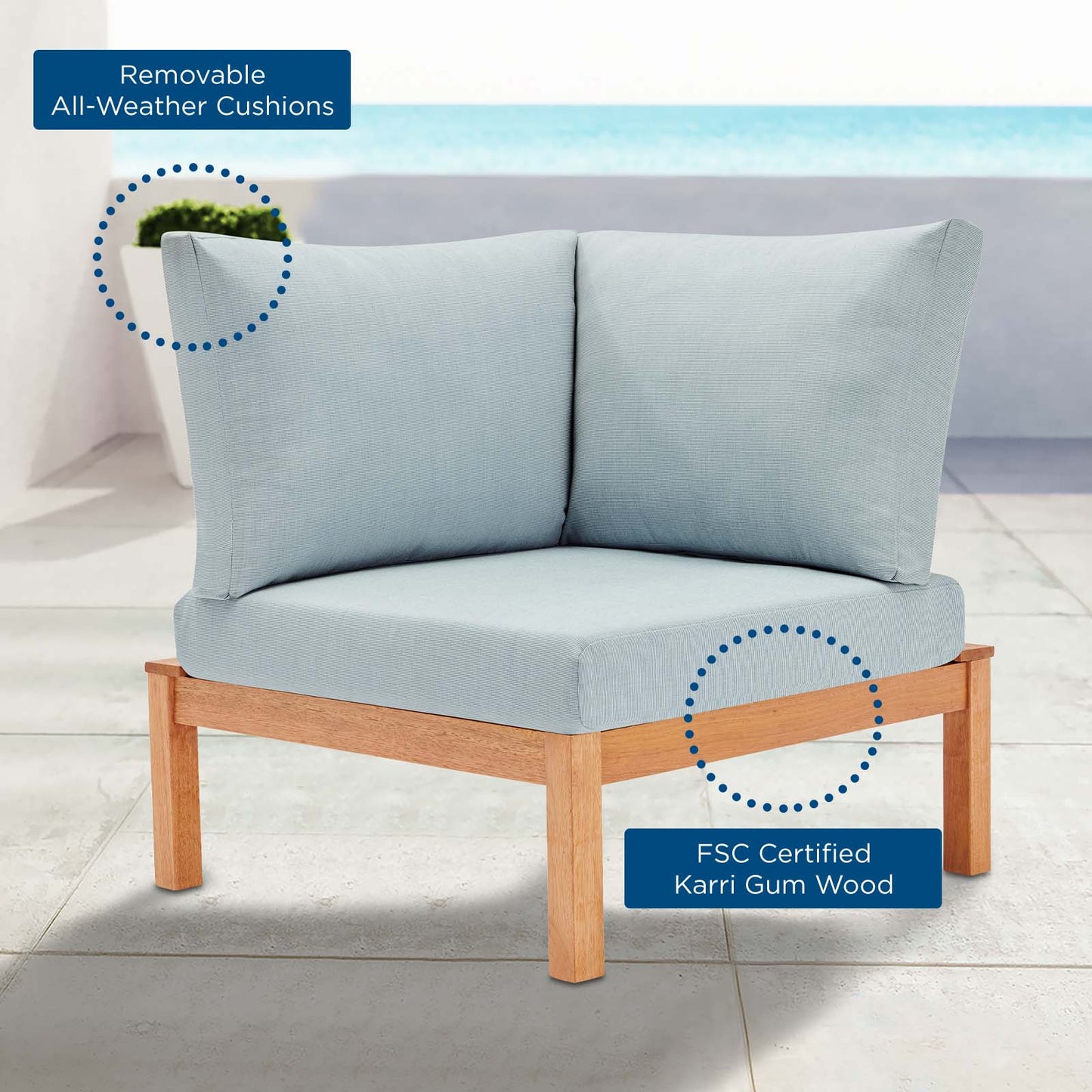 Freeport Karri Wood Sectional Sofa Outdoor Patio Corner Chair, Wood, Brown Natural Light Blue, 18290