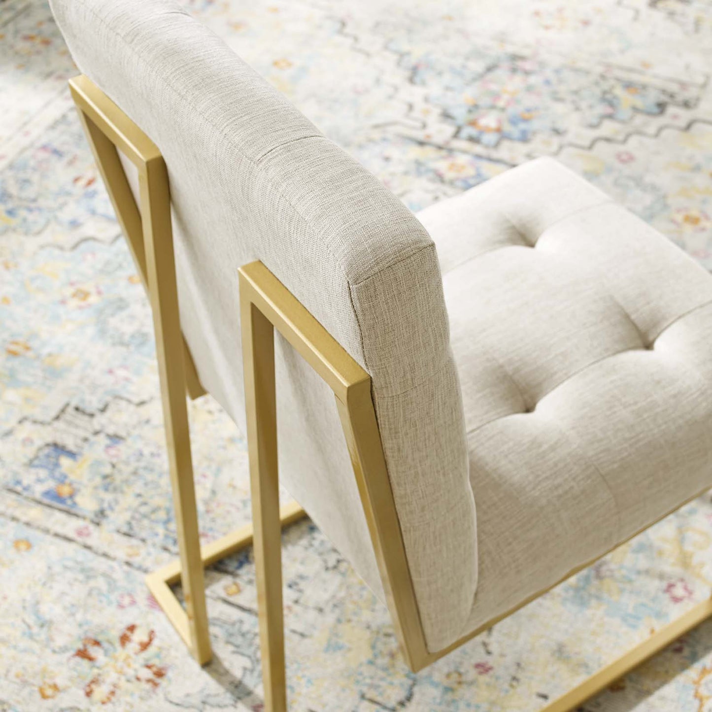 Privy Gold Stainless Steel Upholstered Fabric Dining Accent Chair, Fabric Metal Steel, Gold Beige, 18019
