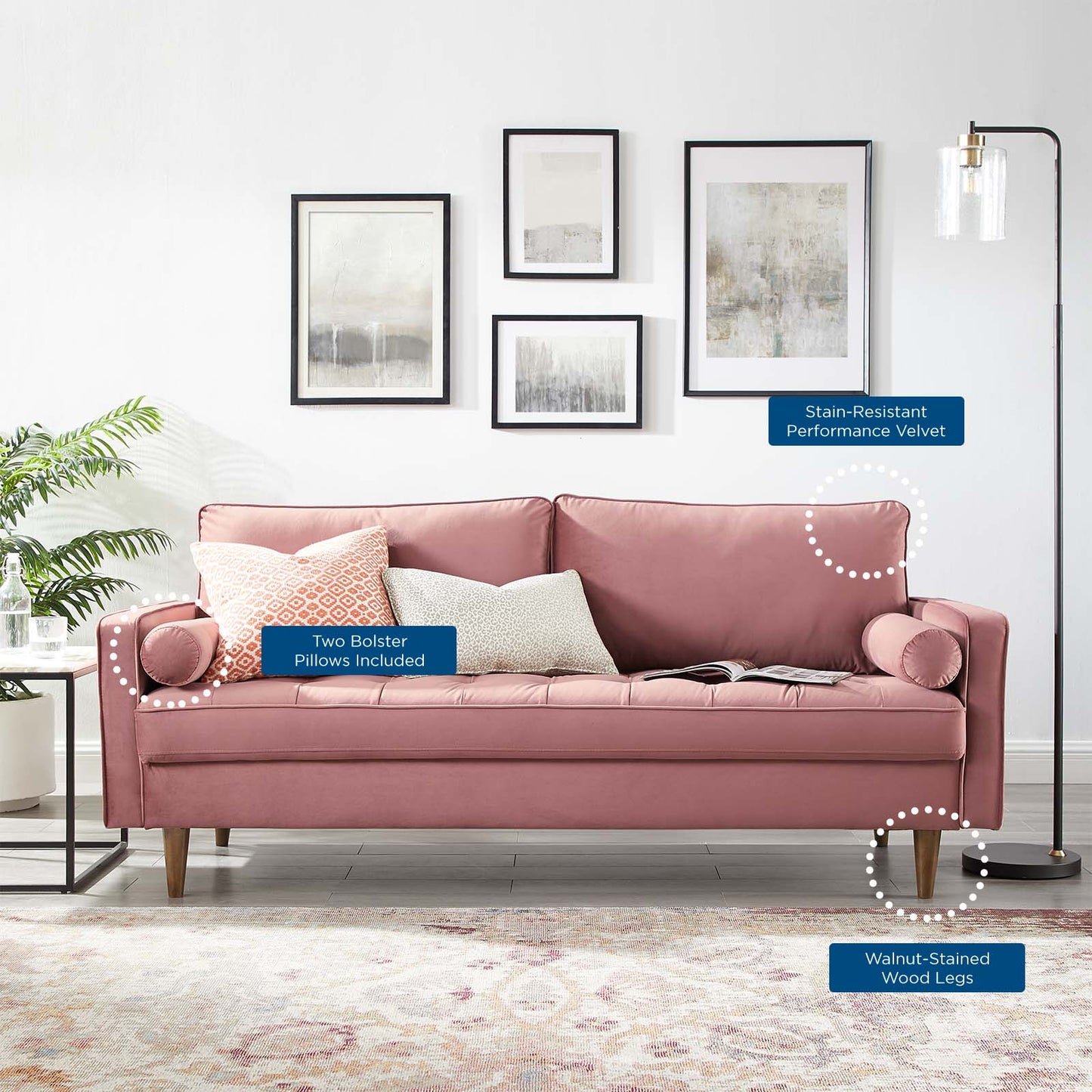 Valour Performance Velvet Sofa, Velvet, Pink, 18363