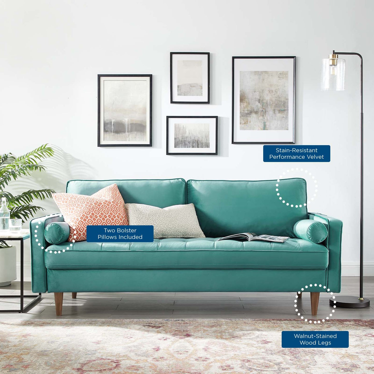 Valour Performance Velvet Sofa, Velvet, Teal Blue, 18366
