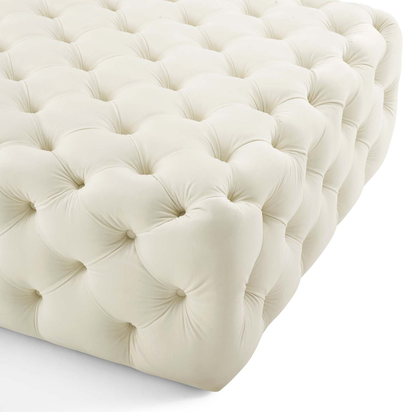 Amour Tufted Button Large Square Performance Velvet Ottoman, Velvet, Ivory White, 18390