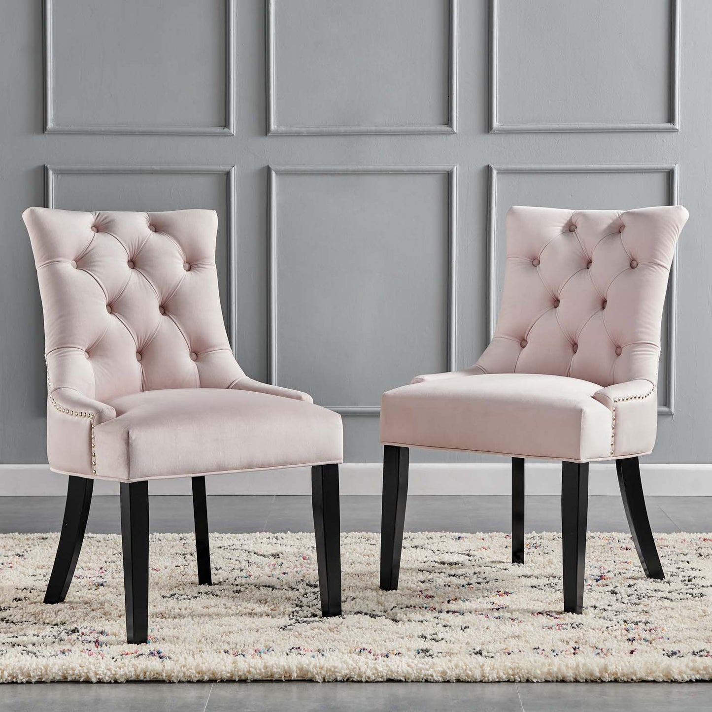 Regent Tufted Performance Velvet Dining Side Chairs - Set of 2, Velvet, Wood, Pink, 18420