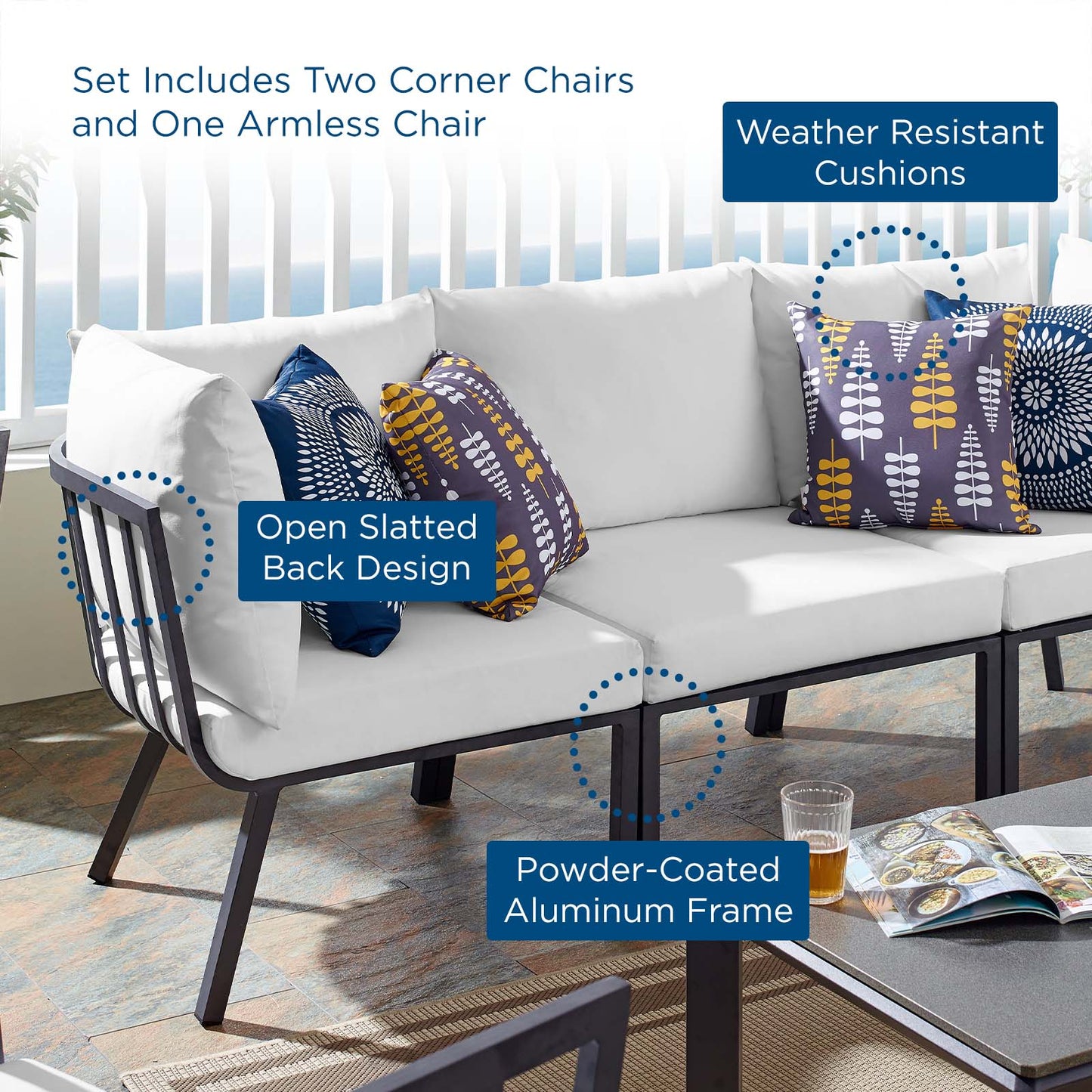 Riverside 3 Piece Outdoor Patio Aluminum Sectional Sofa Set, Aluminum, Metal, Steel, Grey Gray White, 18428