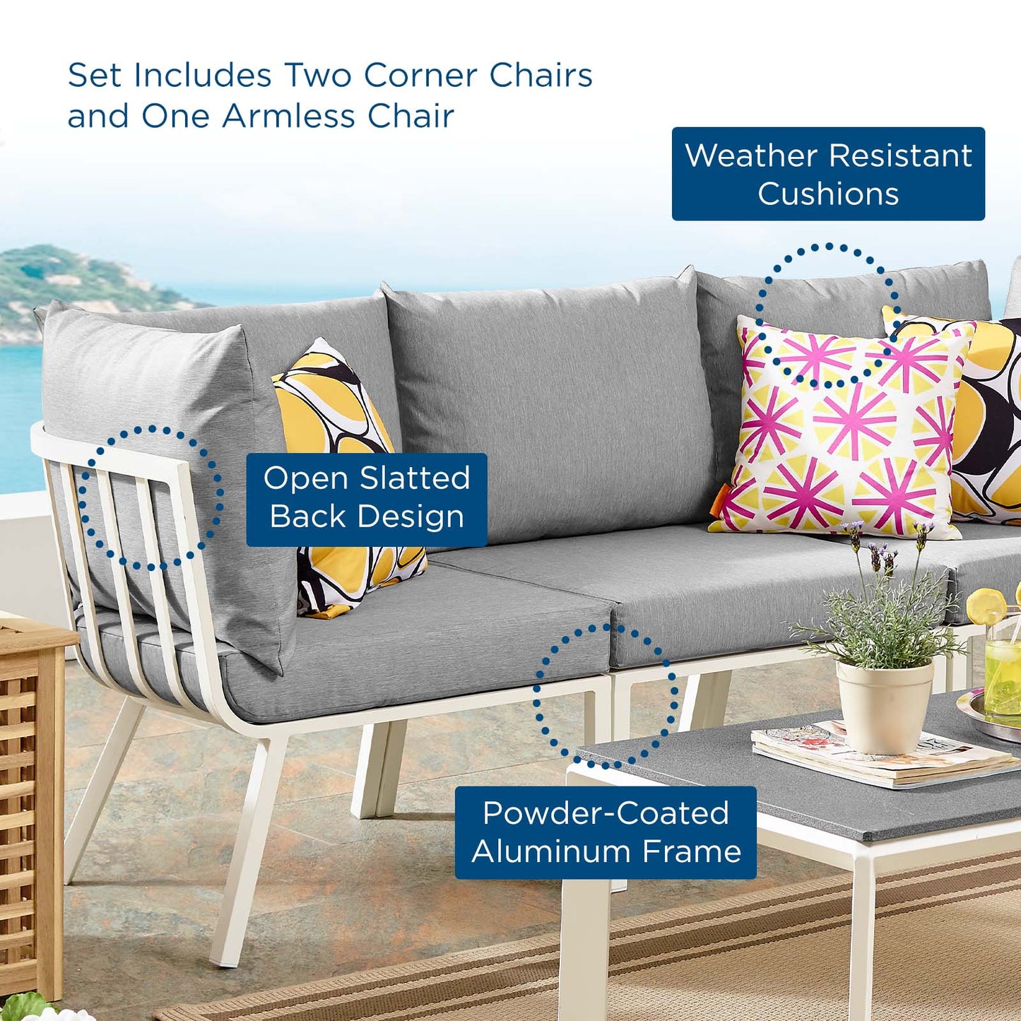 Riverside 3 Piece Outdoor Patio Aluminum Sectional Sofa Set, Aluminum, Metal, Steel, White Grey Gray, 18429
