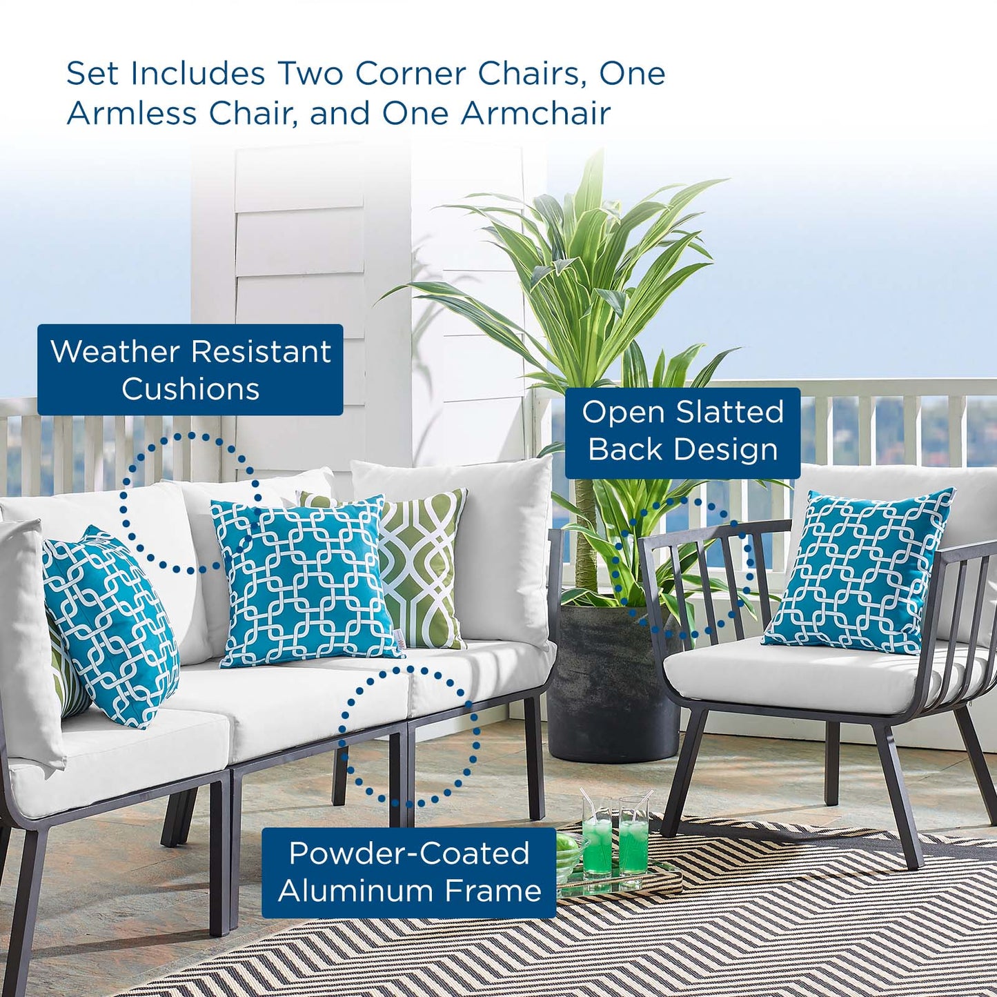 Riverside 4 Piece Outdoor Patio Aluminum Set, Aluminum, Metal, Steel, Grey Gray White, 18436