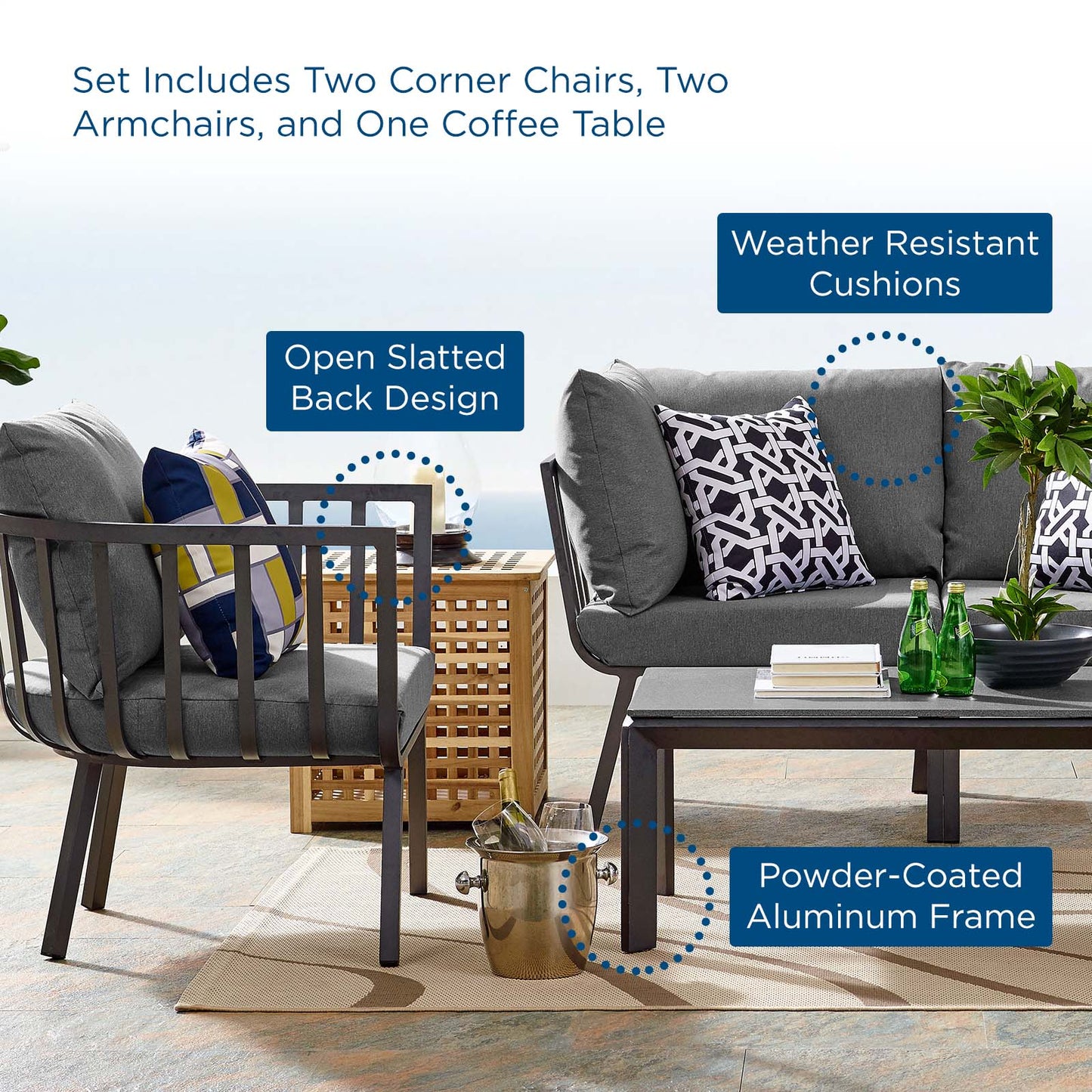 Riverside 5 Piece Outdoor Patio Aluminum Set, Aluminum, Metal, Steel, Grey Gray, 18439