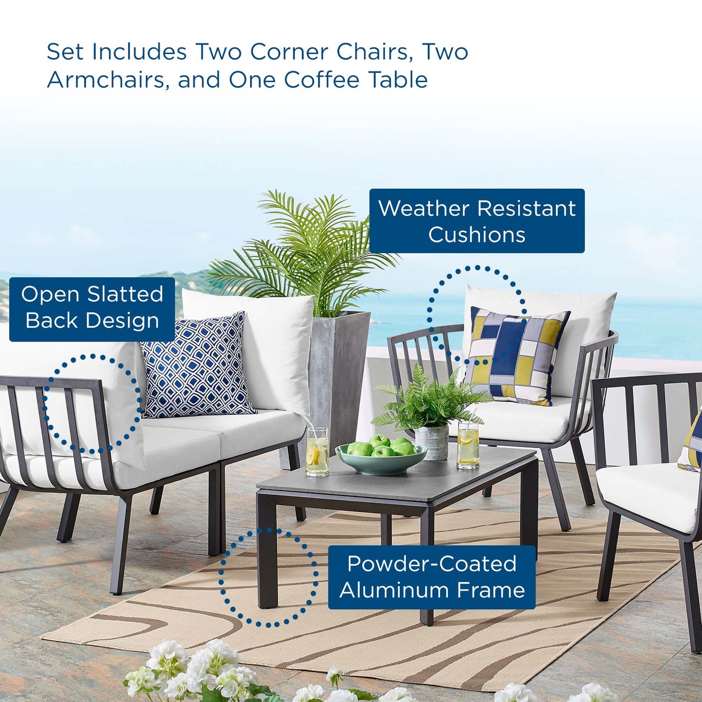 Riverside 5 Piece Outdoor Patio Aluminum Set, Aluminum, Metal, Steel, Grey Gray White, 18440