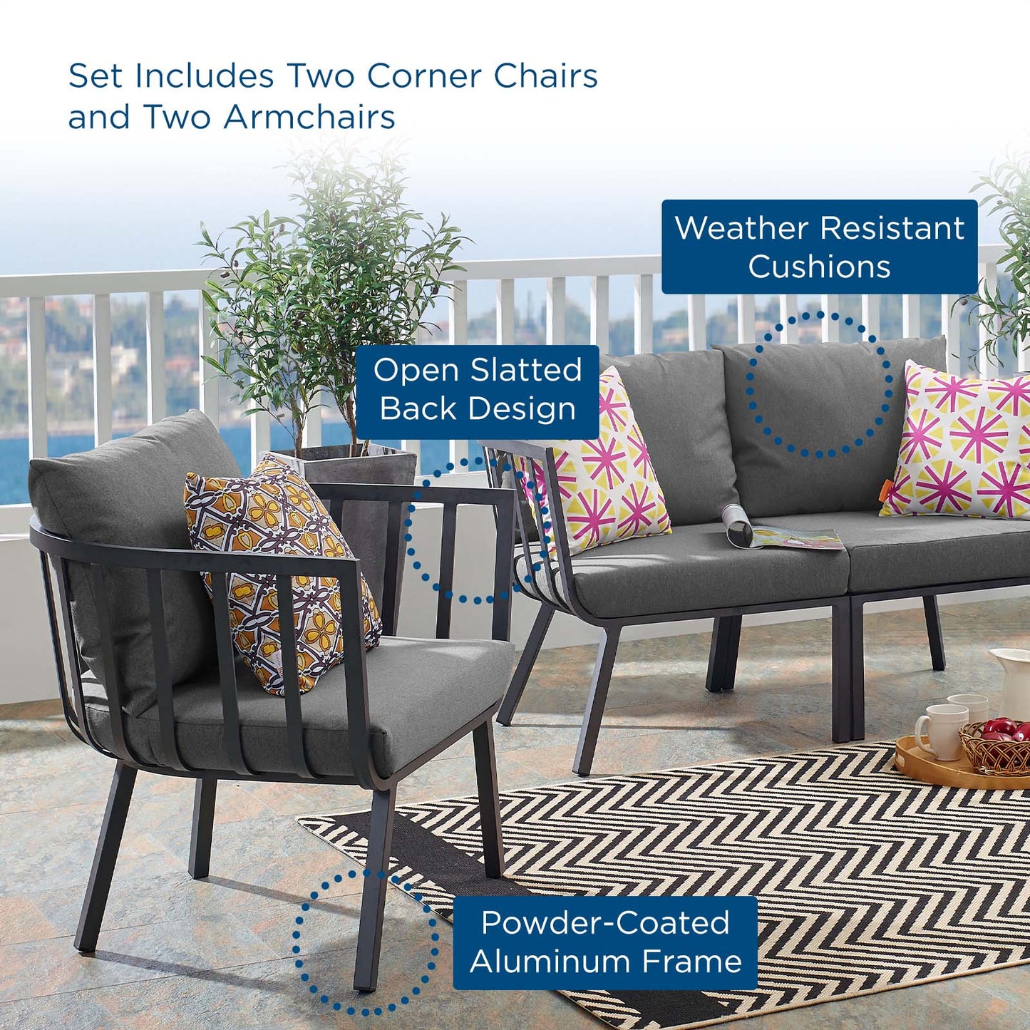 Riverside 4 Piece Outdoor Patio Aluminum Set, Aluminum, Metal, Steel, Grey Gray, 18443
