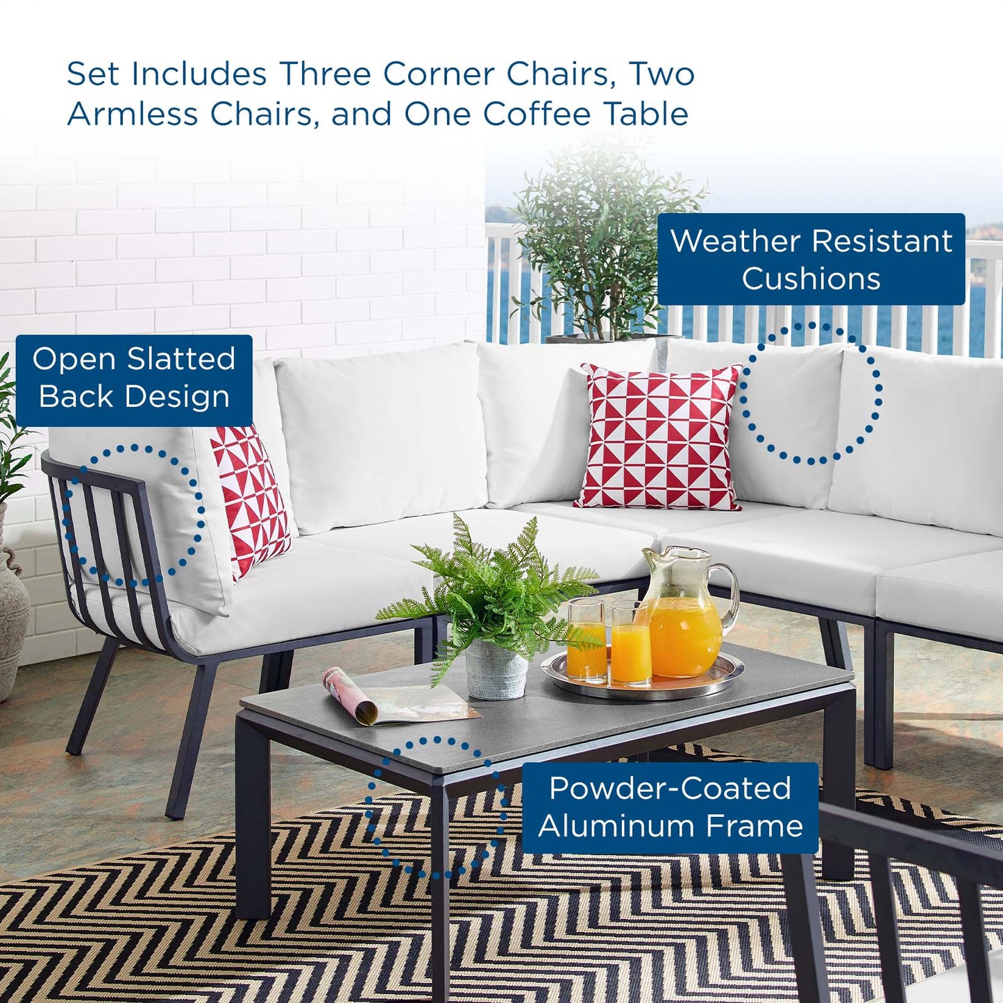 Riverside 6 Piece Outdoor Patio Aluminum Set, Aluminum, Metal, Steel, Grey Gray White, 18448