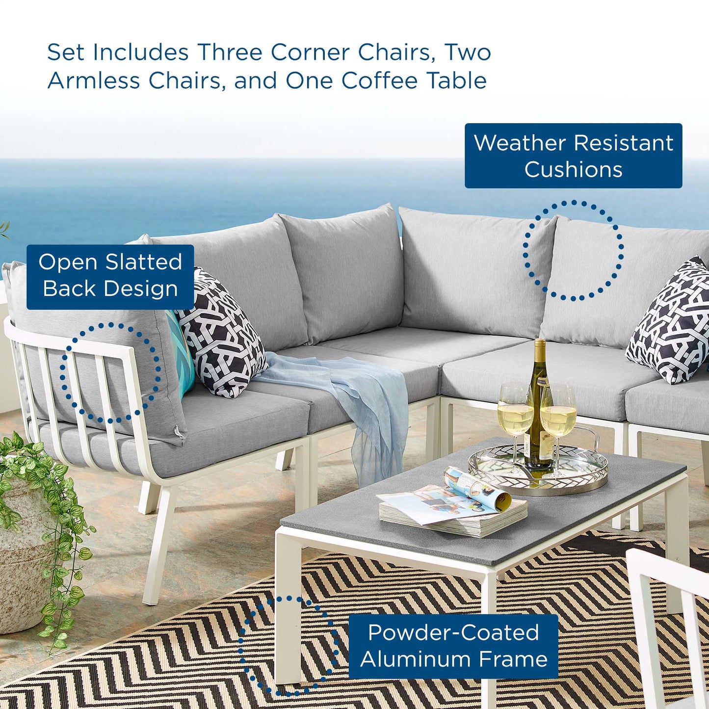 Riverside 6 Piece Outdoor Patio Aluminum Set, Aluminum, Metal, Steel, White Grey Gray, 18449