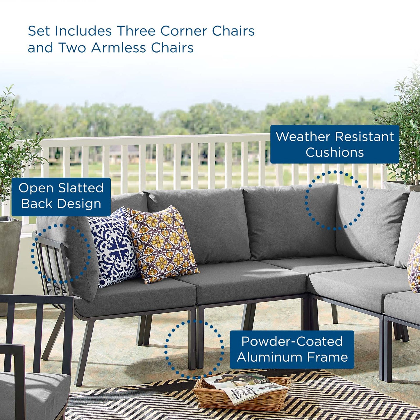 Riverside 5 Piece Outdoor Patio Aluminum Sectional, Aluminum, Metal, Steel, Grey Gray, 18451