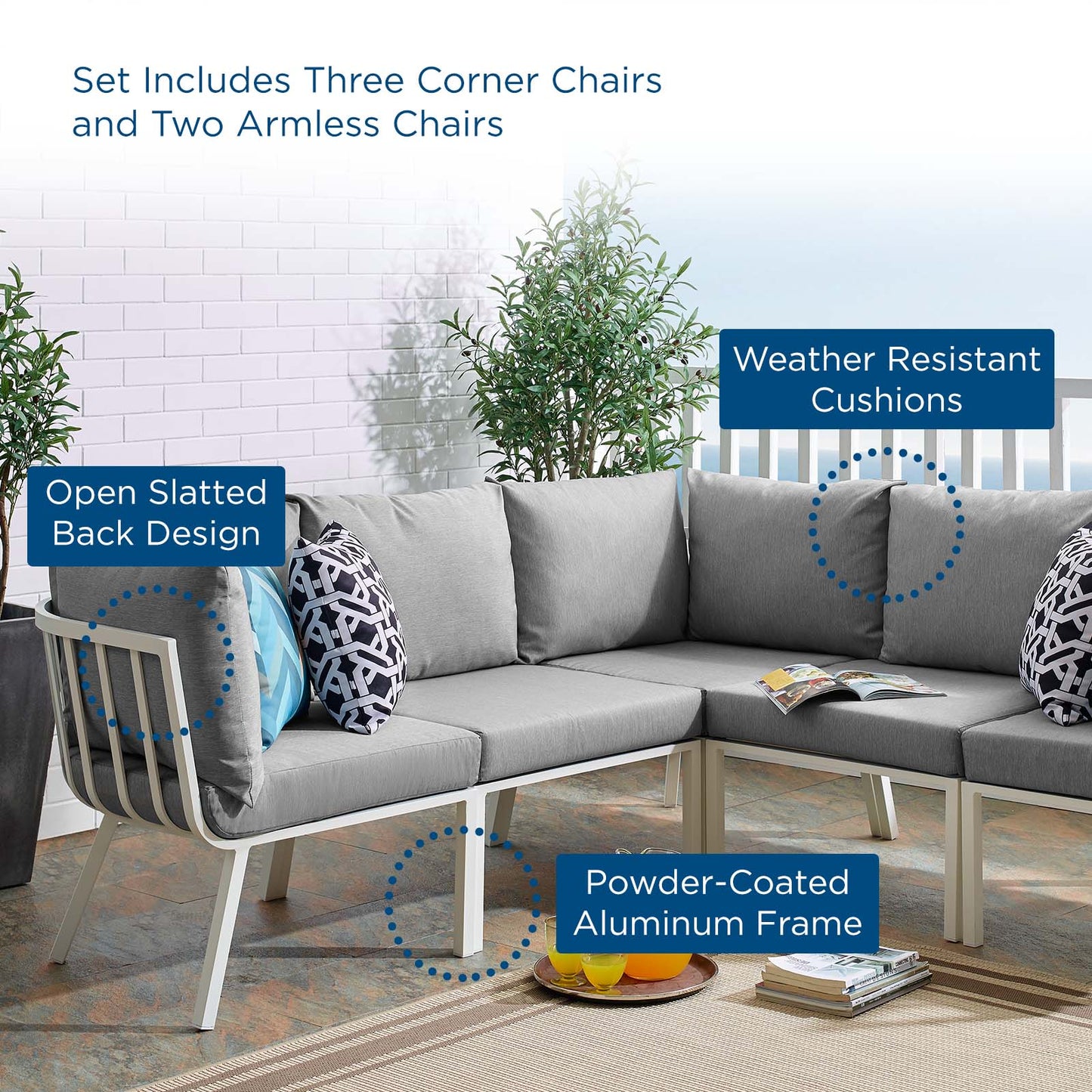 Riverside 5 Piece Outdoor Patio Aluminum Sectional, Aluminum, Metal, Steel, White Grey Gray, 18453