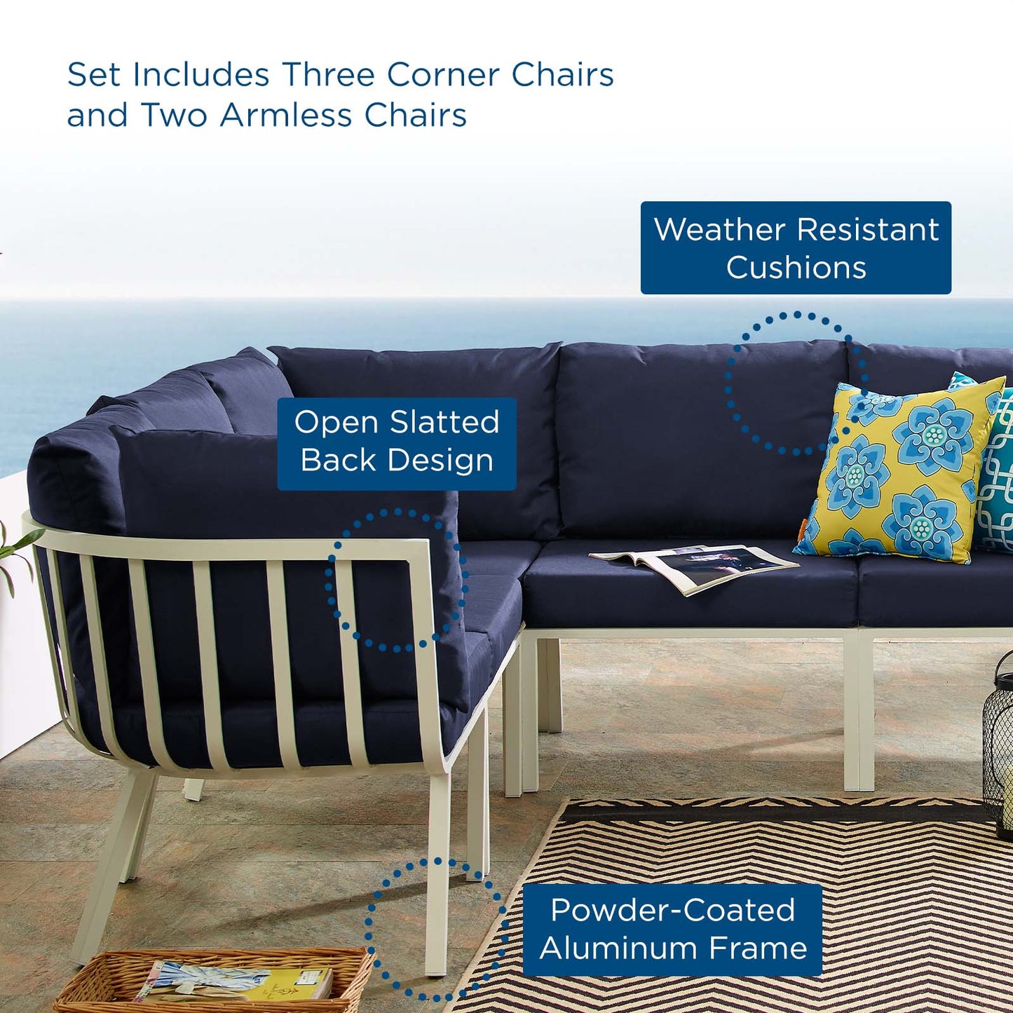 Riverside 5 Piece Outdoor Patio Aluminum Sectional, Aluminum, Metal, Steel, White Blue Navy, 18454