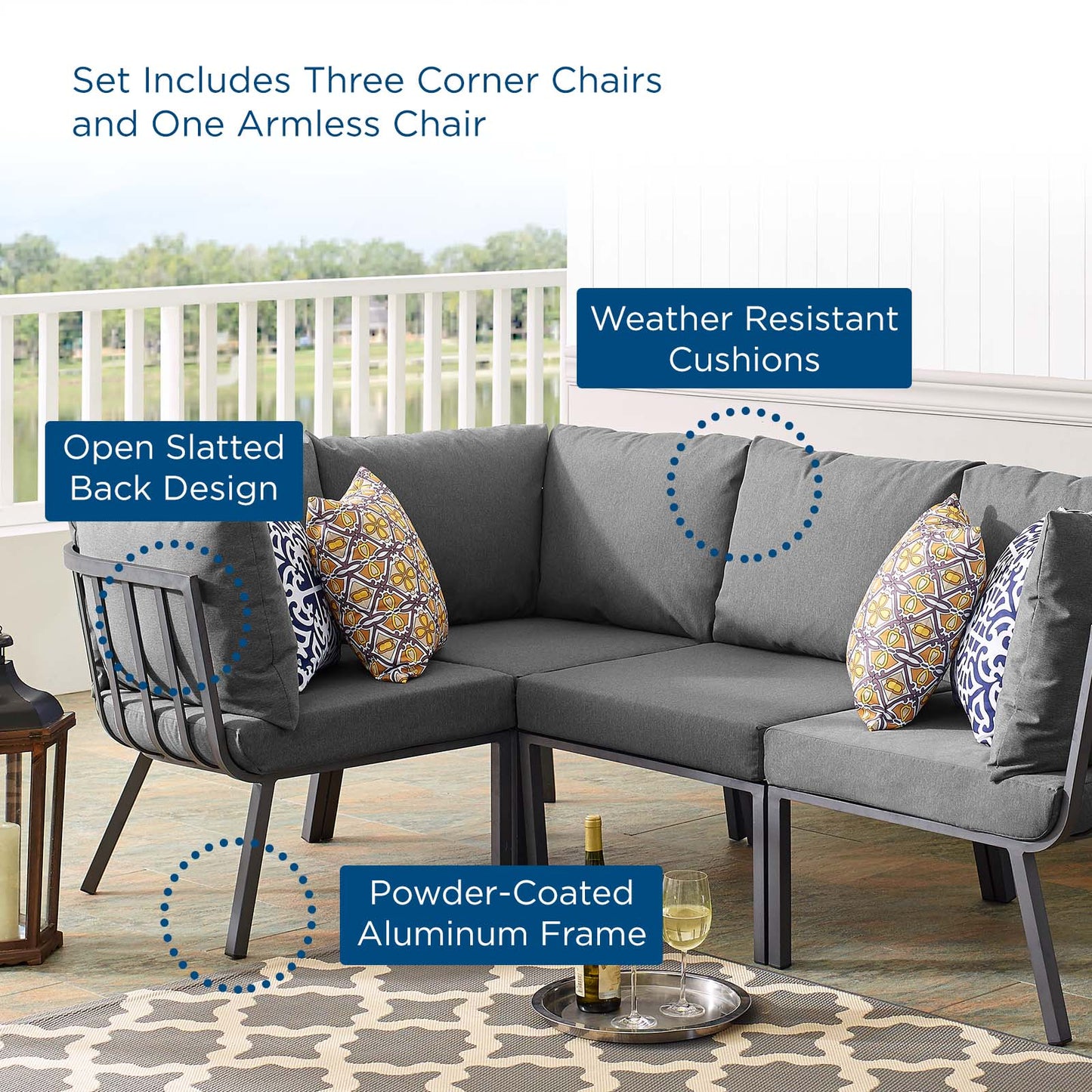 Riverside 4 Piece Outdoor Patio Aluminum Sectional, Aluminum, Metal, Steel, Grey Gray, 18471