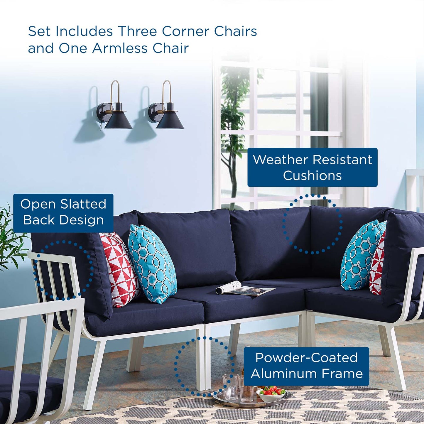 Riverside 4 Piece Outdoor Patio Aluminum Sectional, Aluminum, Metal, Steel, White Blue Navy, 18474