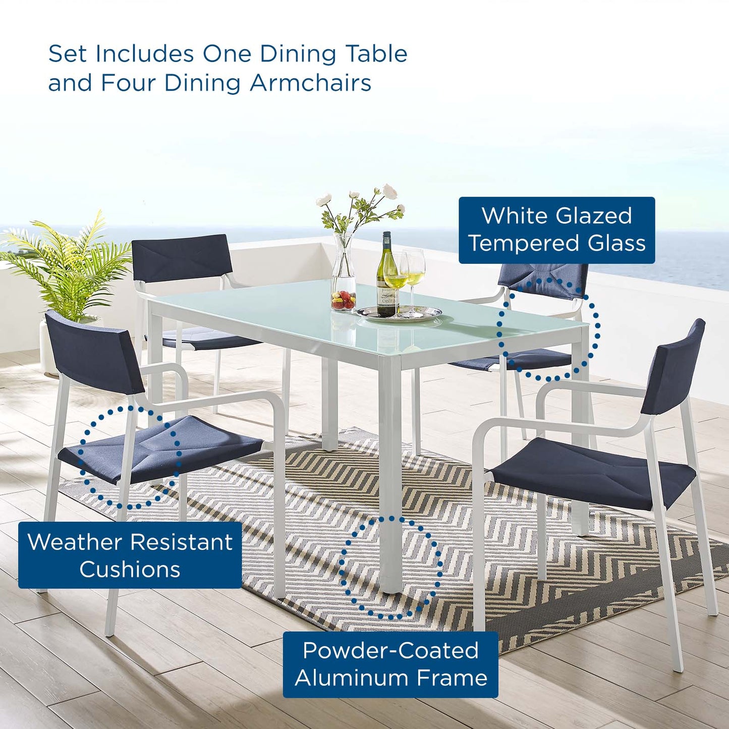 Raleigh 5 Piece Outdoor Patio Aluminum Dining Set, Aluminum, Metal, Steel, White Blue Navy, 18480