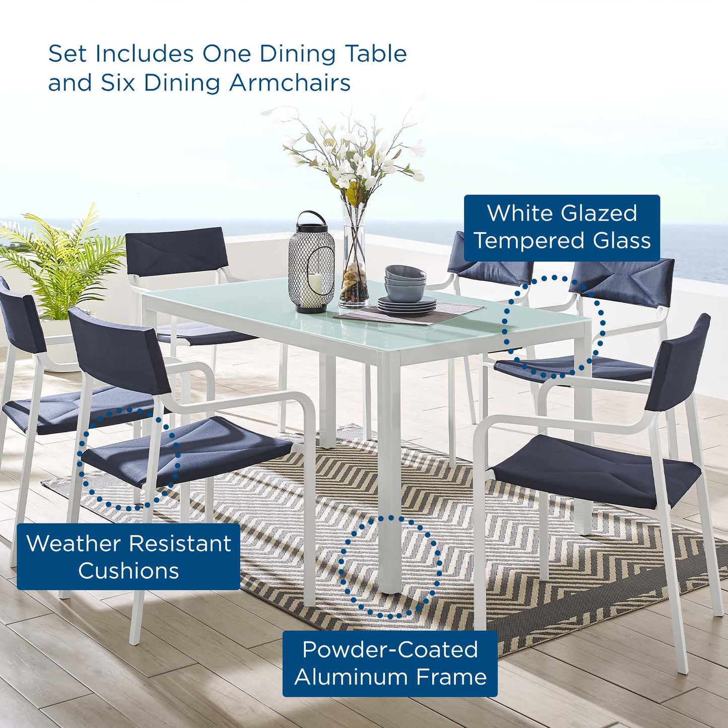 Raleigh 7 Piece Outdoor Patio Aluminum Dining Set, Aluminum, Metal, Steel, White Blue Navy, 18482
