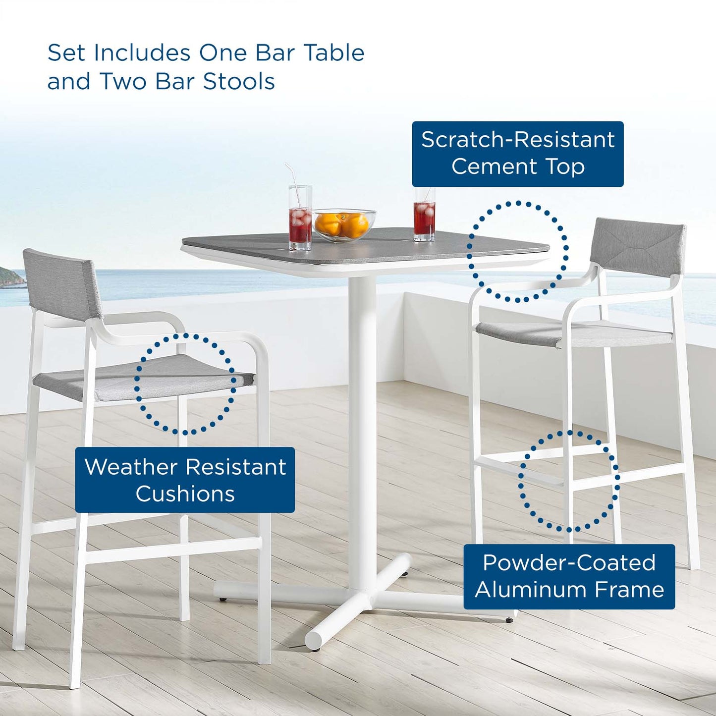 Raleigh 3 Piece Outdoor Patio Aluminum Bar Set, Aluminum, Metal, Steel, White Grey Gray, 18483