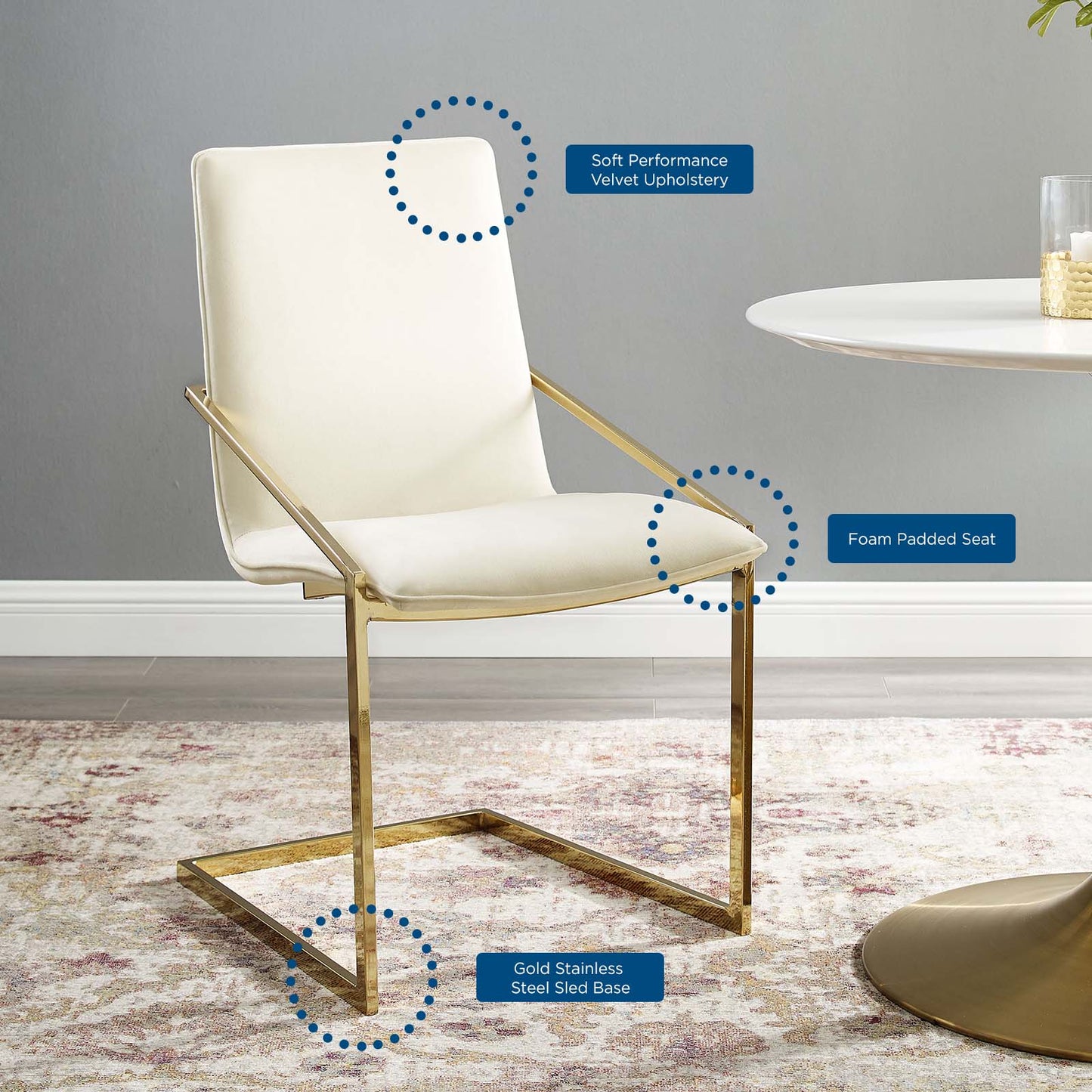 Pitch Performance Velvet Dining Armchair, Velvet, Metal Steel, Gold Ivory White, 18486