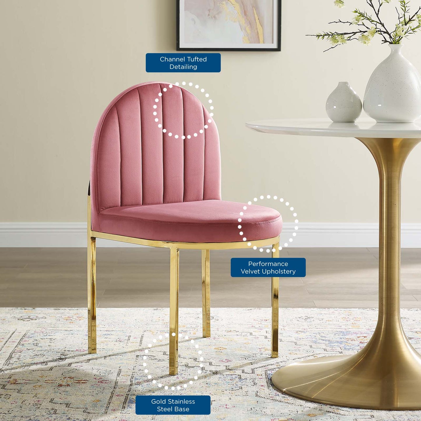 Isla Channel Tufted Performance Velvet Dining Side Chair, Velvet, Gold Pink, 18496