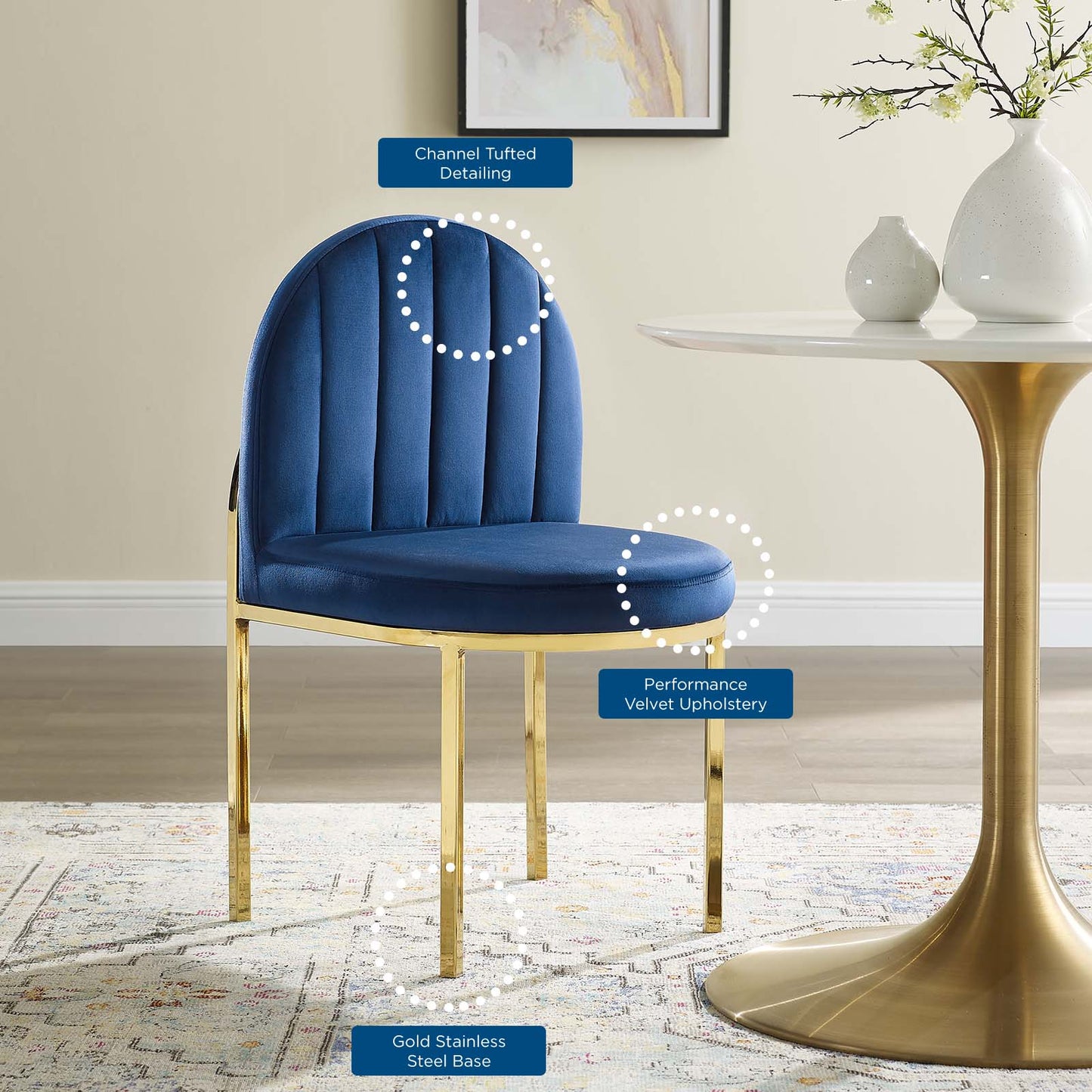 Isla Channel Tufted Performance Velvet Dining Side Chair, Velvet, Gold Blue Navy, 18498
