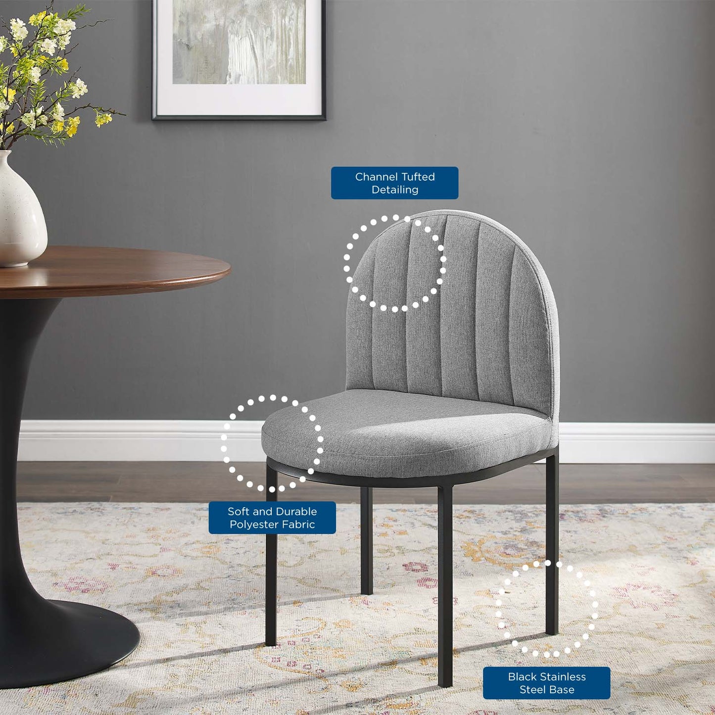 Isla Channel Tufted Upholstered Fabric Dining Side Chair, Fabric, Black Grey Gray, 18501