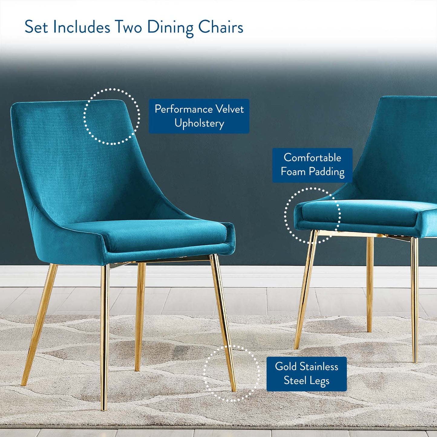 Viscount Performance Velvet Dining Chairs - Set of 2, Velvet, Metal Steel, Gold Blue, 18519