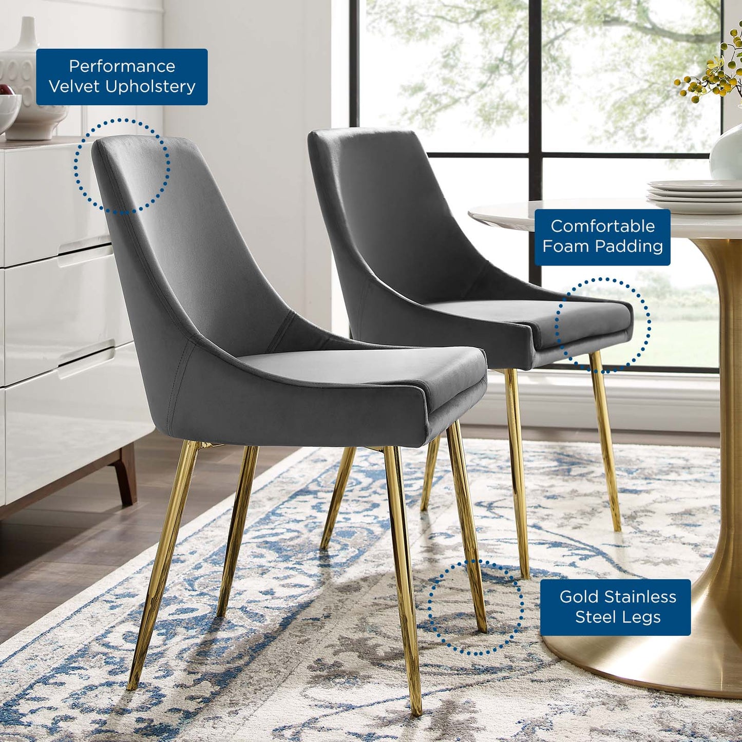 Viscount Performance Velvet Dining Chairs - Set of 2, Velvet, Metal Steel, Gold Grey Gray, 18520