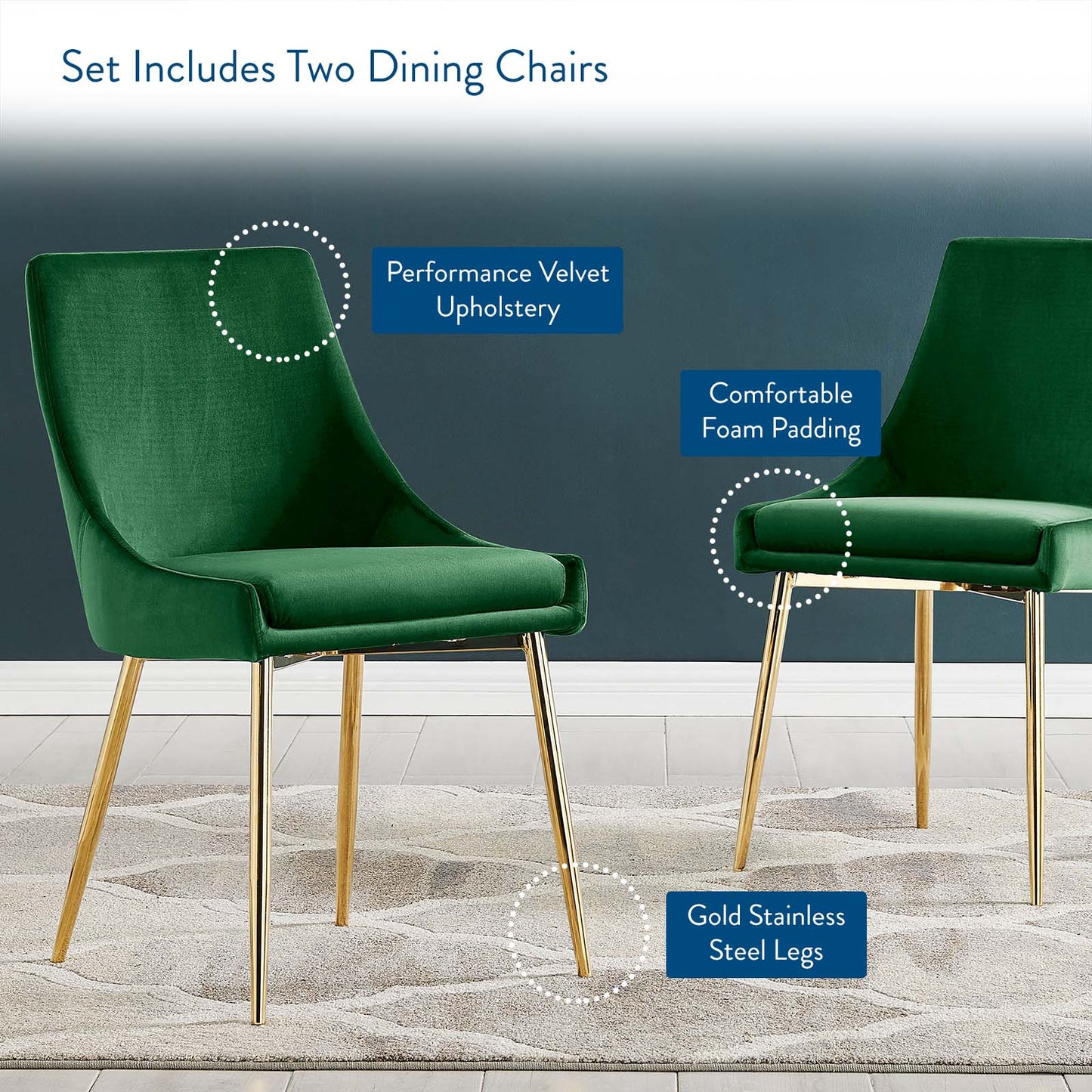 Viscount Performance Velvet Dining Chairs - Set of 2, Velvet, Metal Steel, Gold Green, 18523