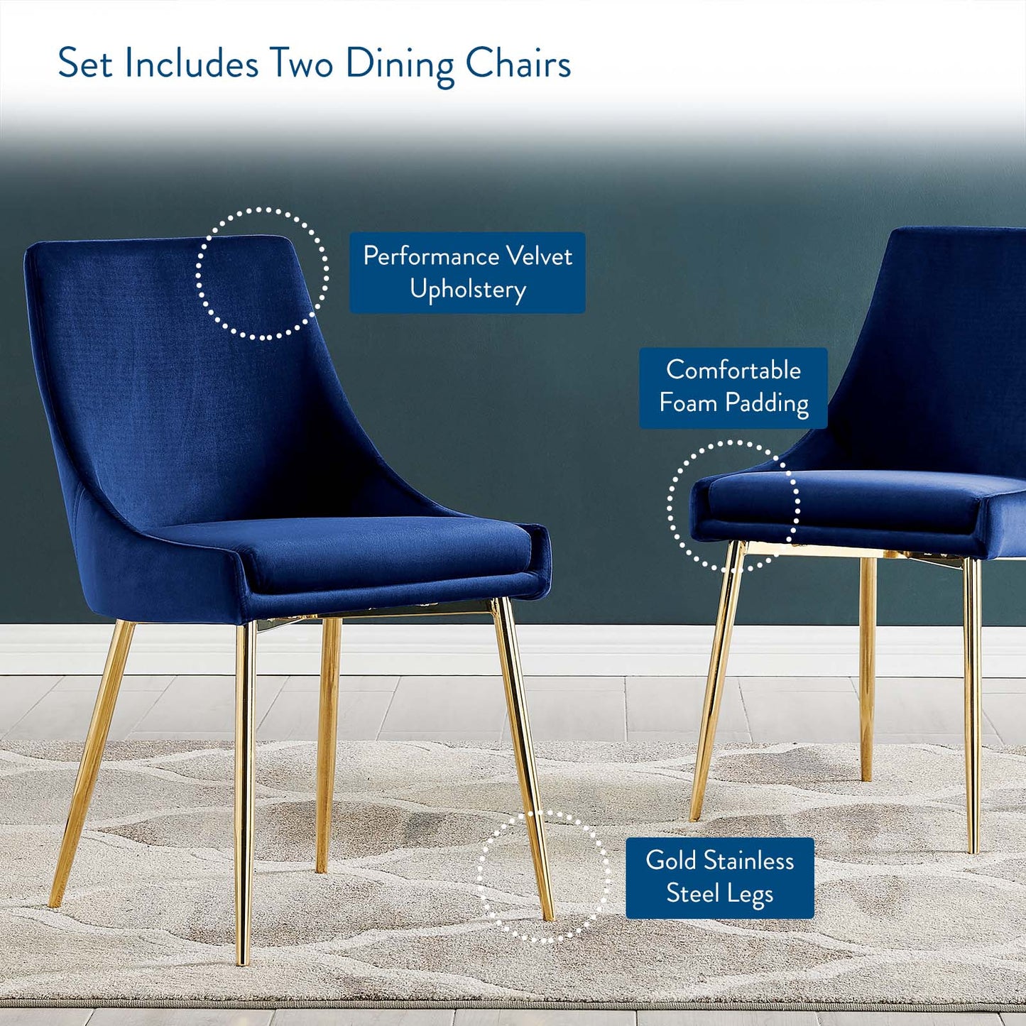 Viscount Performance Velvet Dining Chairs - Set of 2, Velvet, Metal Steel, Gold Blue Navy, 18525