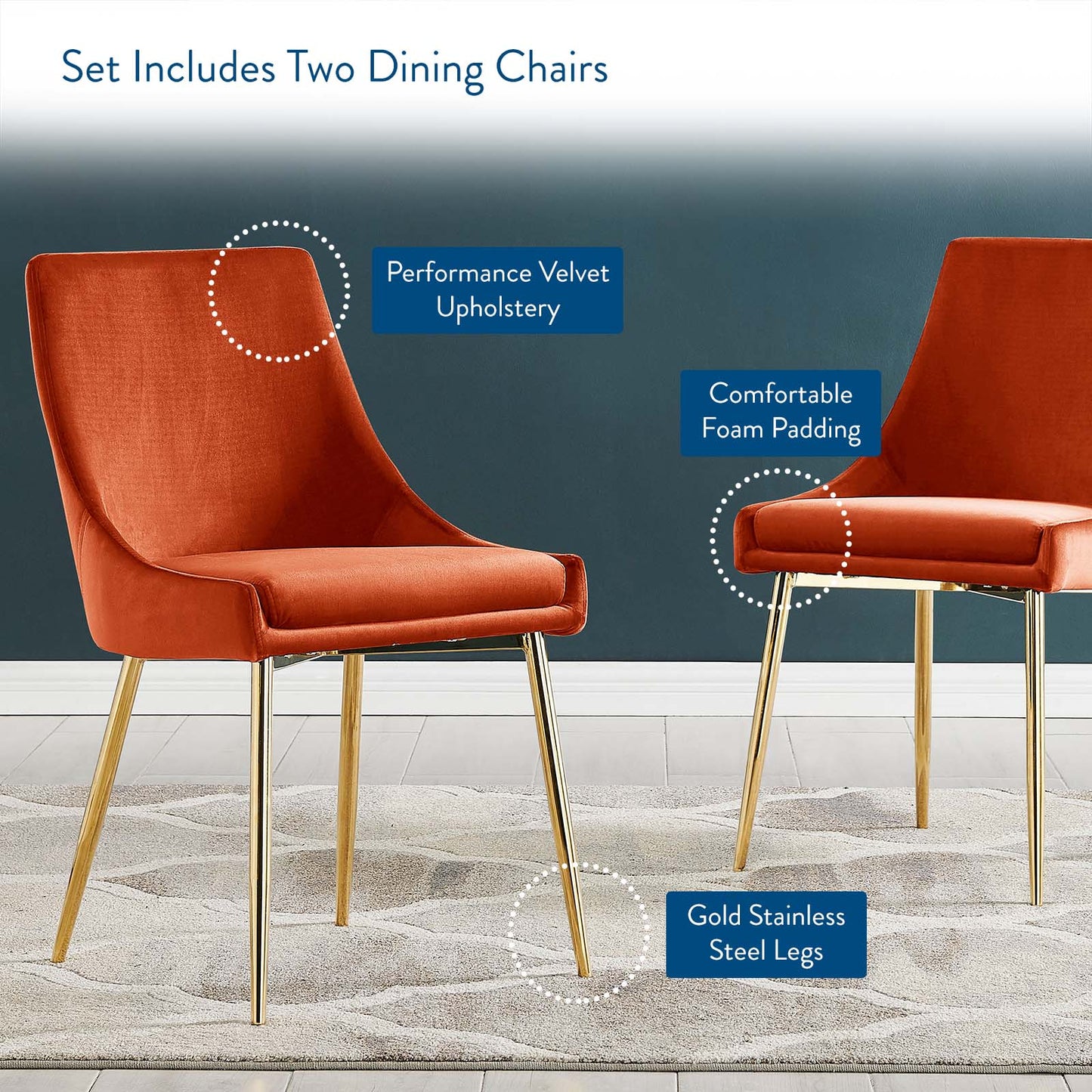 Viscount Performance Velvet Dining Chairs - Set of 2, Velvet, Metal Steel, Gold Orange, 18526
