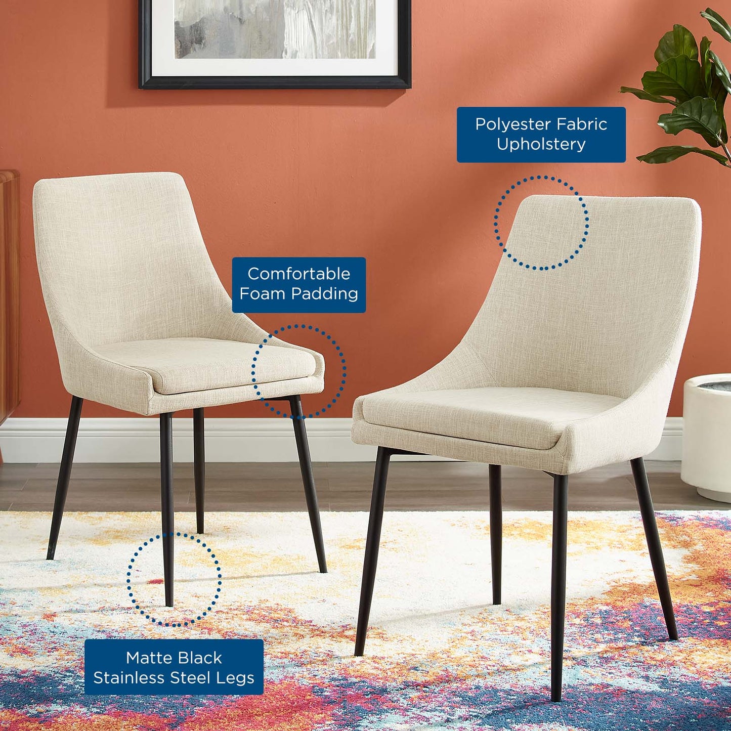 Viscount Upholstered Fabric Dining Chairs - Set of 2, Fabric, Metal Steel, Black Beige, 18529