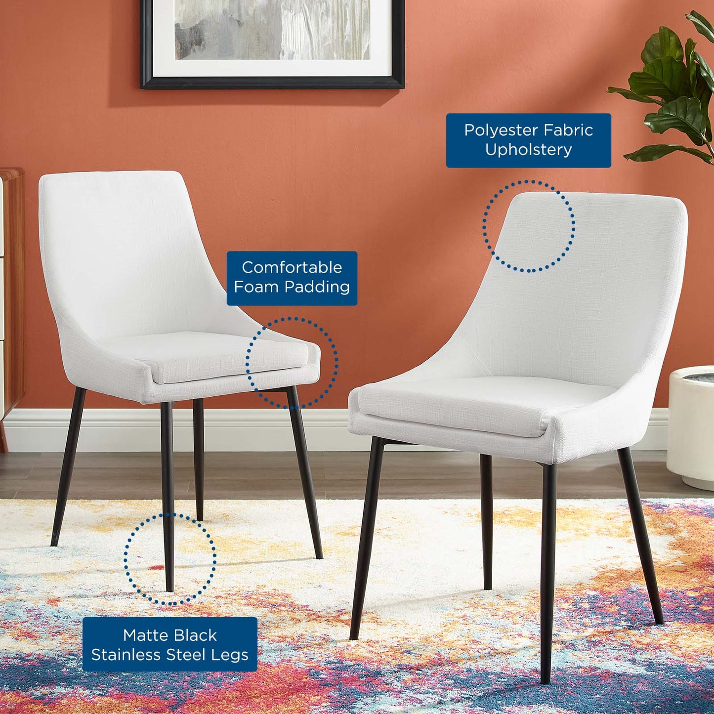 Viscount Upholstered Fabric Dining Chairs - Set of 2, Fabric, Metal Steel, Black White, 18533