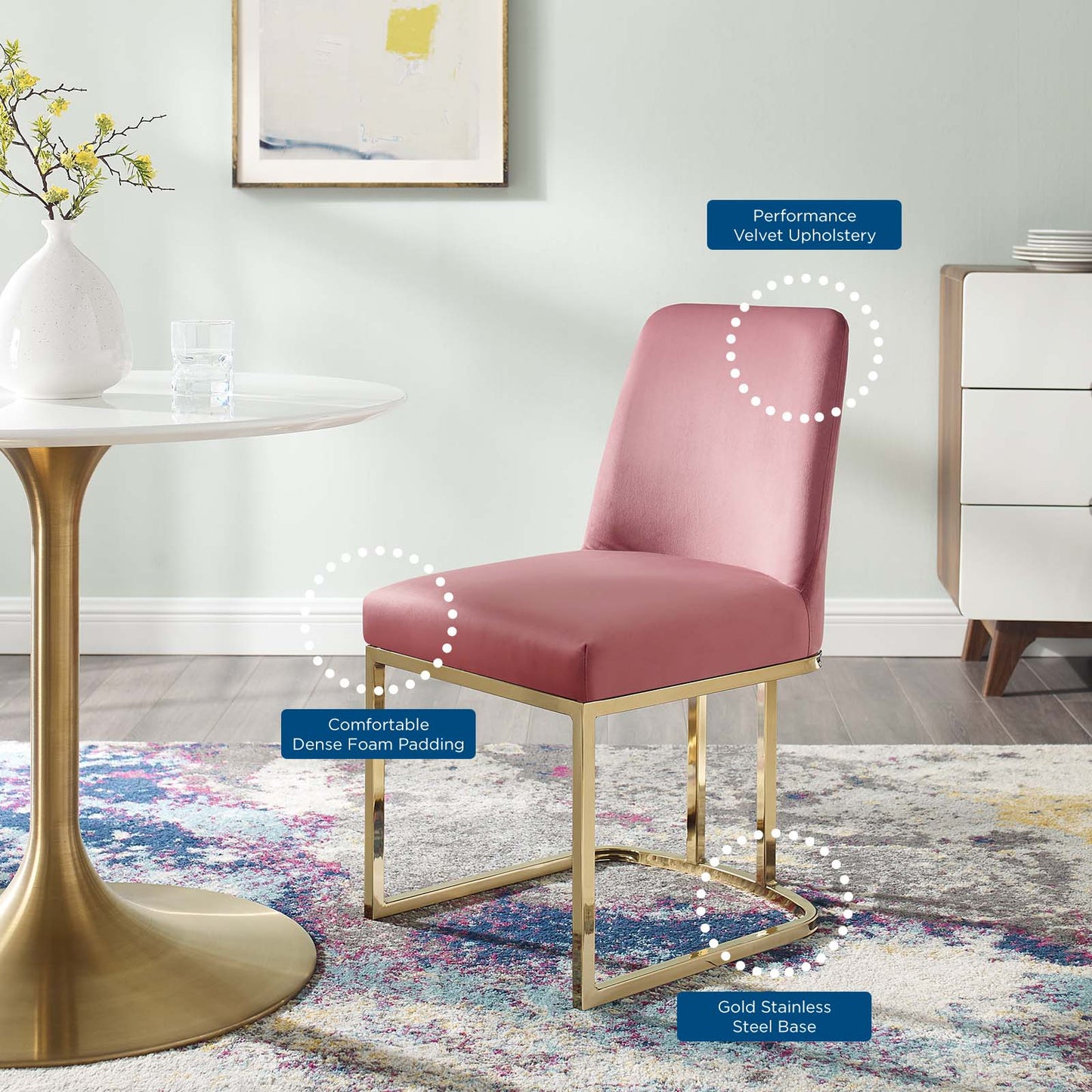 Amplify Sled Base Performance Velvet Dining Side Chair, Velvet, Metal Steel, Gold Pink, 18534