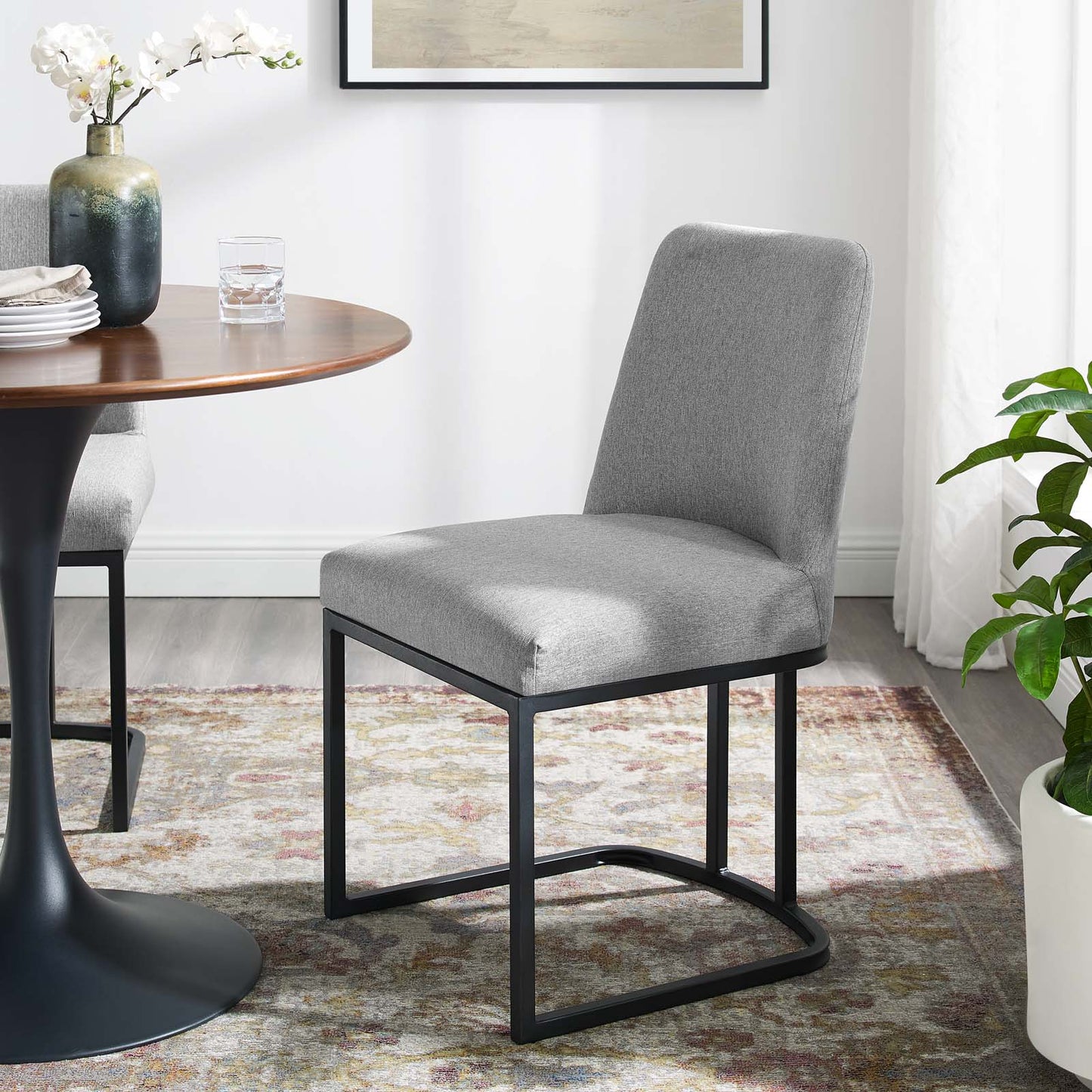 Amplify Sled Base Upholstered Fabric Dining Side Chair, Fabric, Metal Steel, Black Grey Gray, 18539