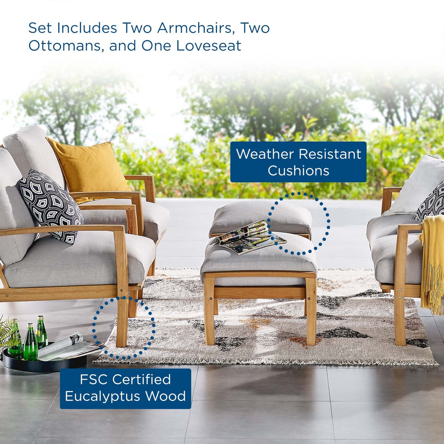 Orlean 5 Piece Outdoor Patio Eucalyptus Wood Set, Wood, Brown Natural Light Grey Gray, 18547
