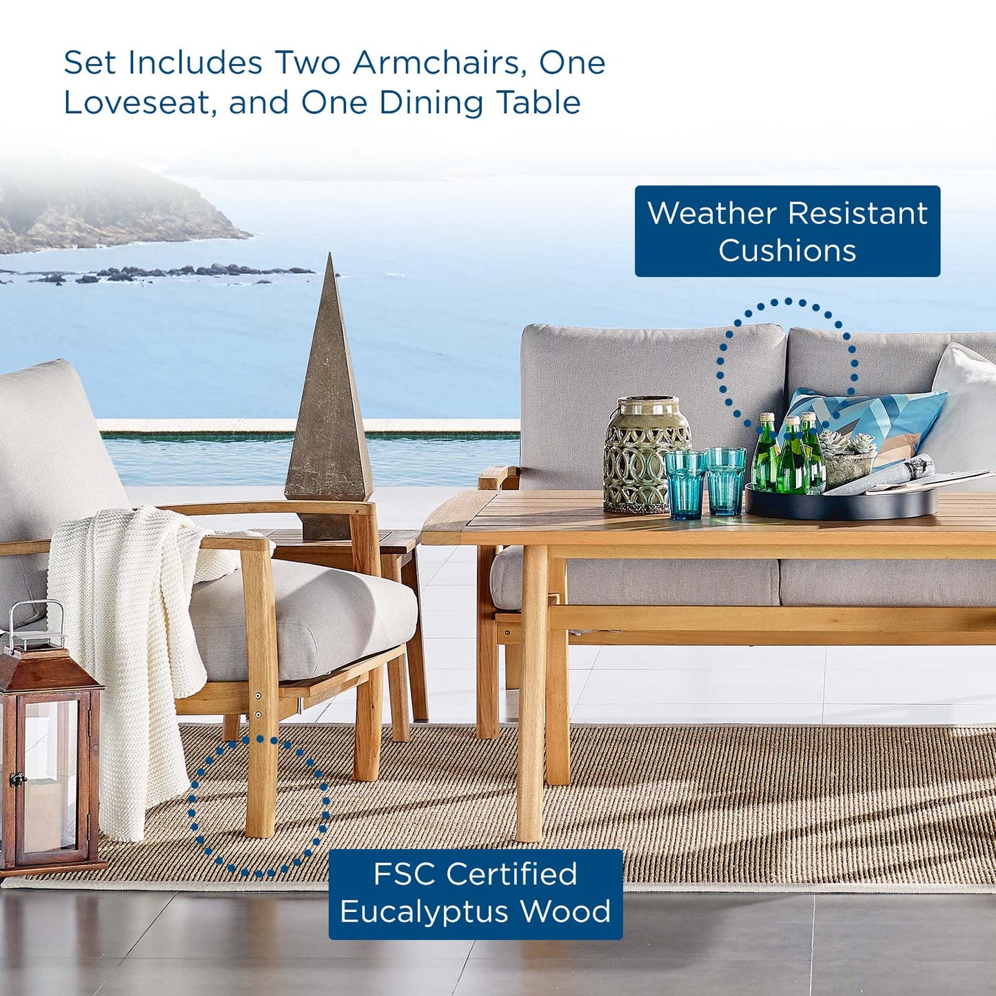 Orlean 4 Piece Outdoor Patio Eucalyptus Wood Set, Wood, Brown Natural Light Grey Gray, 18549