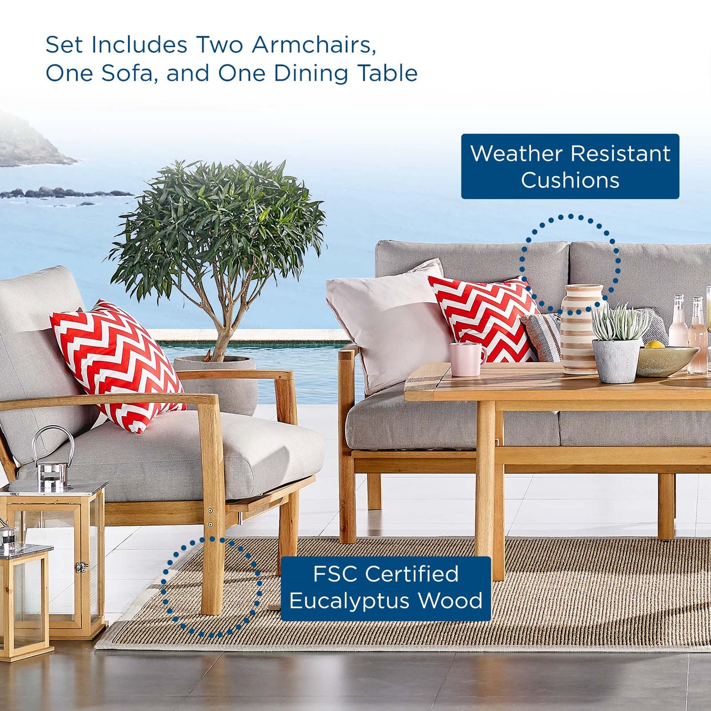 Orlean 4 Piece Outdoor Patio Eucalyptus Wood Set, Wood, Brown Natural Light Grey Gray, 18552