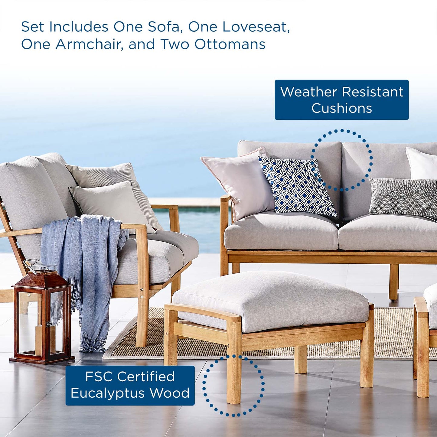 Orlean 5 Piece Outdoor Patio Eucalyptus Wood Set, Wood, Brown Natural Light Grey Gray, 18557