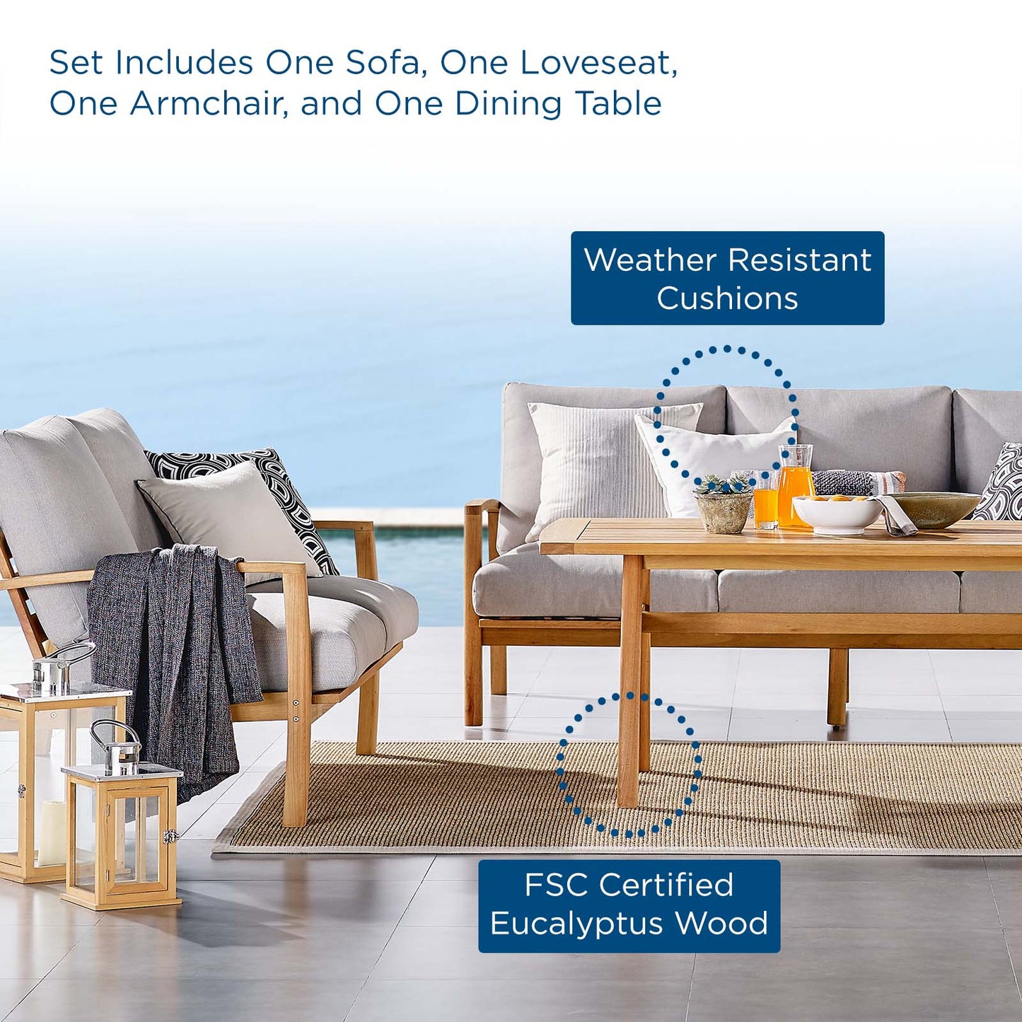 Orlean 4 Piece Outdoor Patio Eucalyptus Wood Dining Set, Wood, Brown Natural Light Grey Gray, 18558