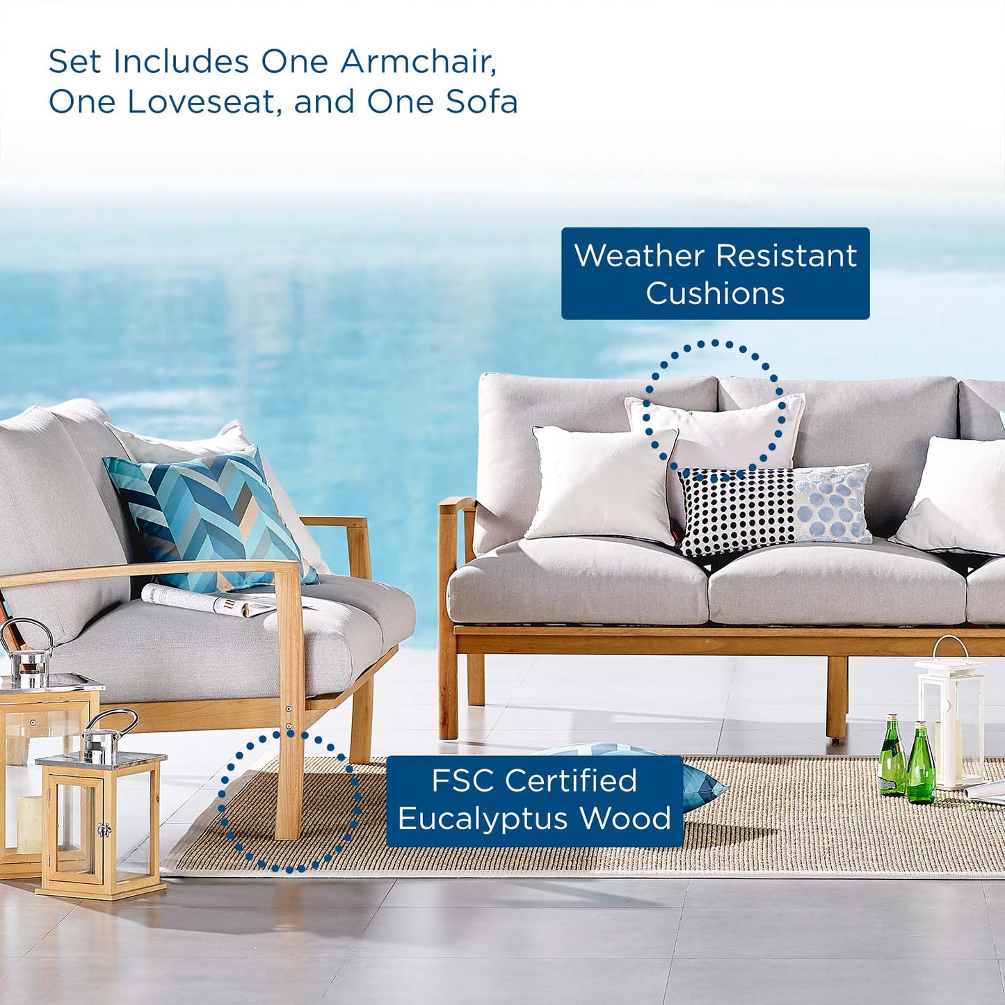 Orlean 3 Piece Outdoor Patio Eucalyptus Wood Set, Wood, Brown Natural Light Grey Gray, 18559