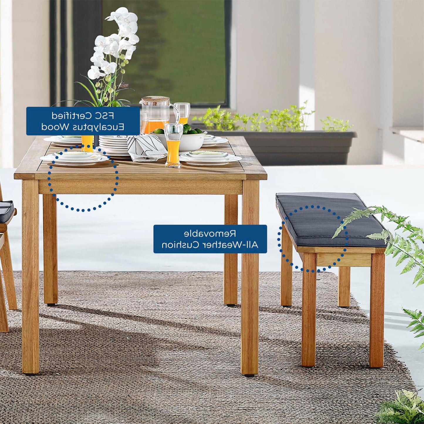 Syracuse 4 Piece Outdoor Patio Eucalyptus Wood Dining Set, Wood, Brown Natural Grey Gray, 18562