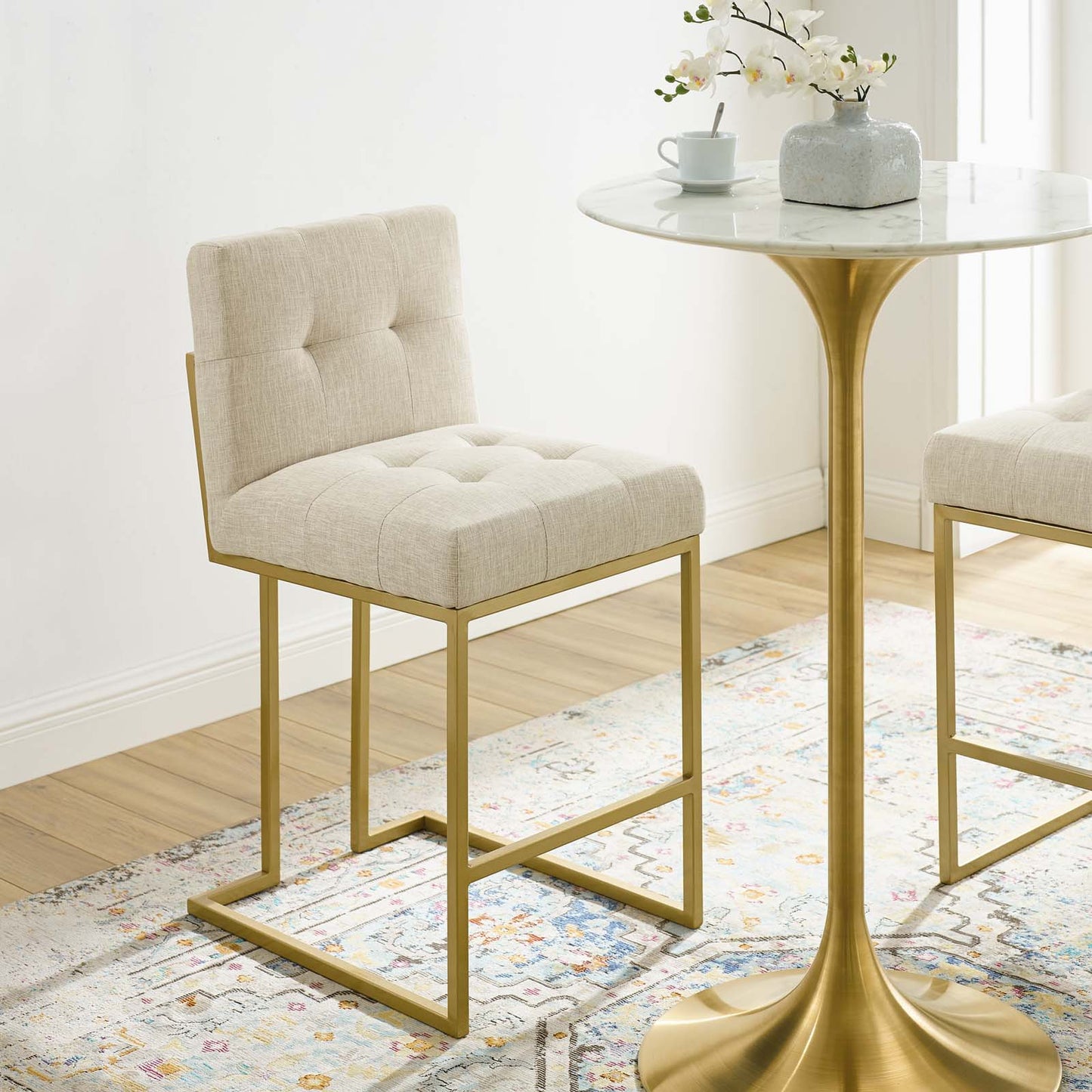Privy Gold Stainless Steel Upholstered Fabric Counter Stool, Fabric, Metal Steel, Gold Beige, 18586