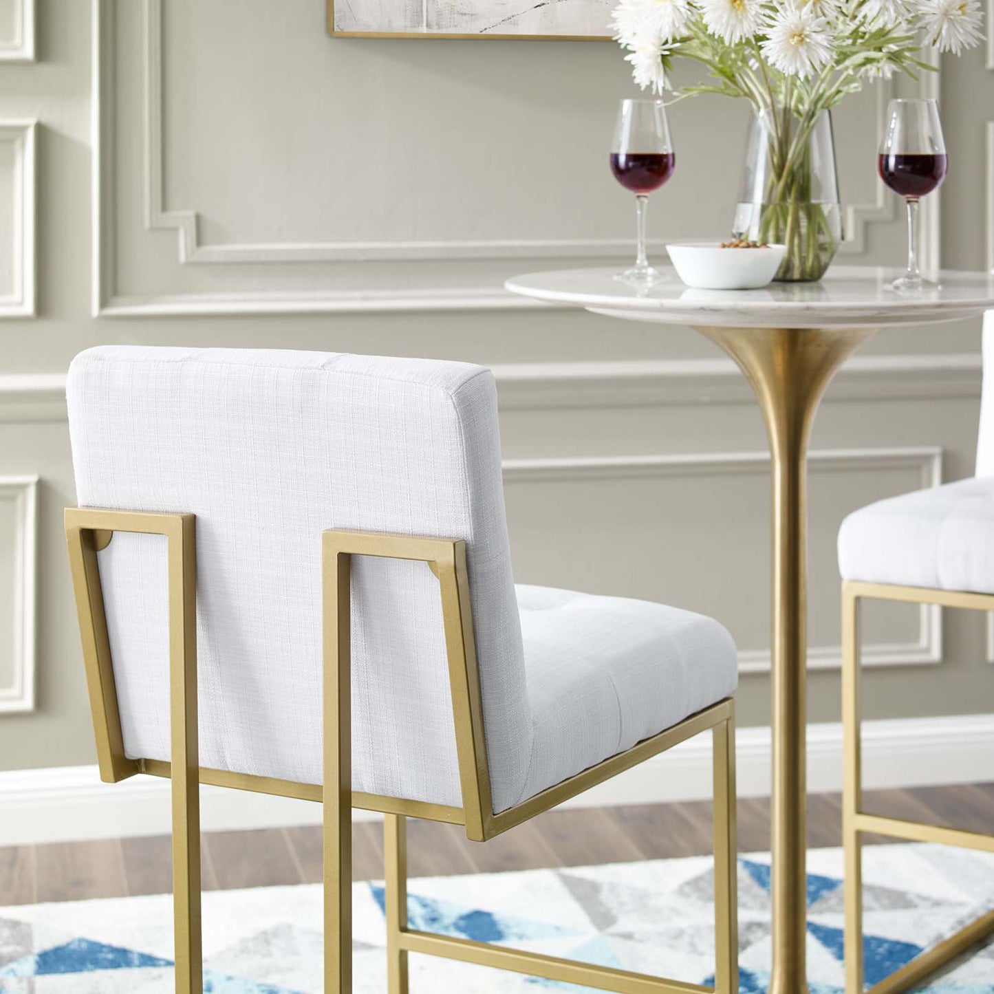 Privy Gold Stainless Steel Upholstered Fabric Bar Stool, Fabric, Metal Steel, Gold White, 18600