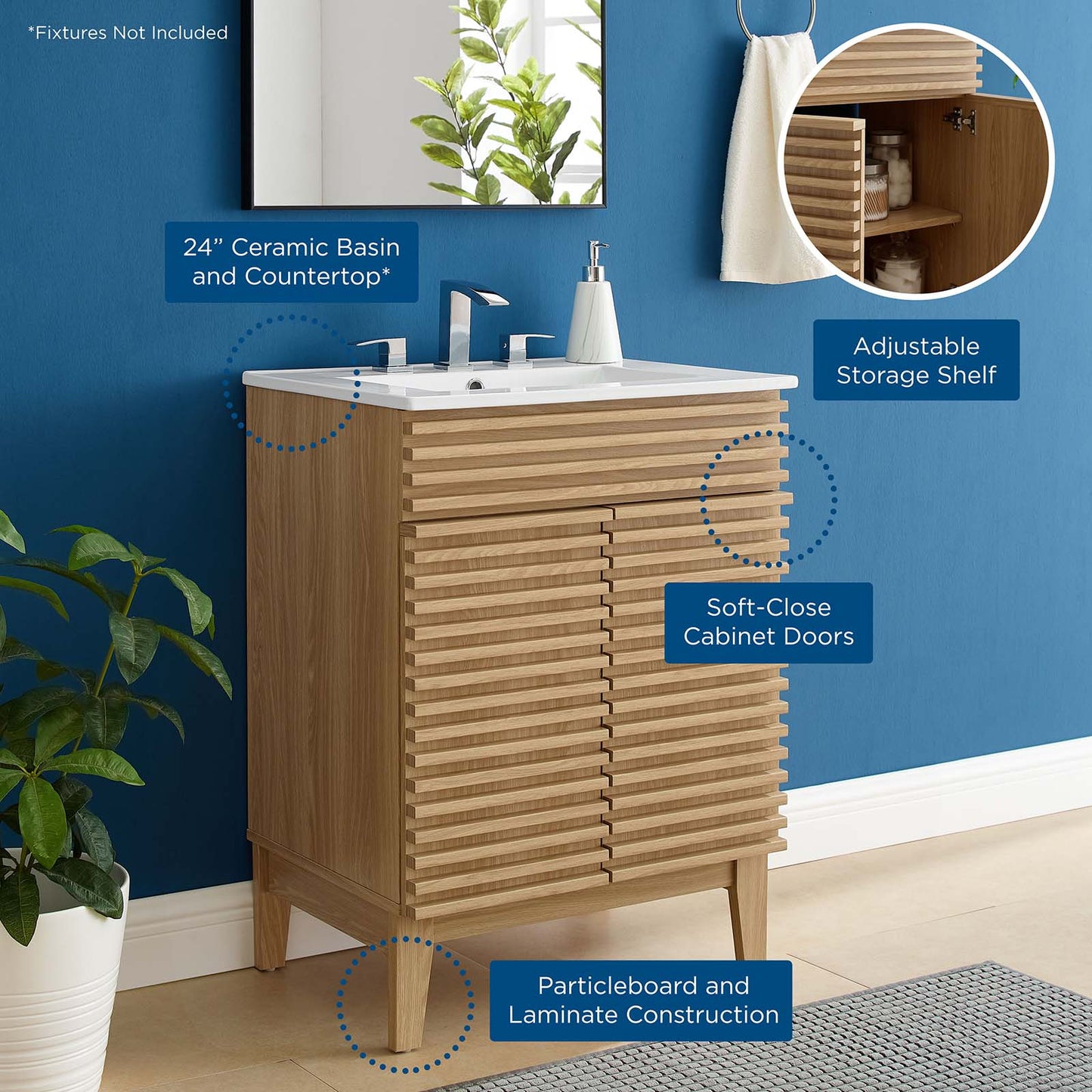 Render Bathroom Vanity, Wood, Brown Oak White, 18616