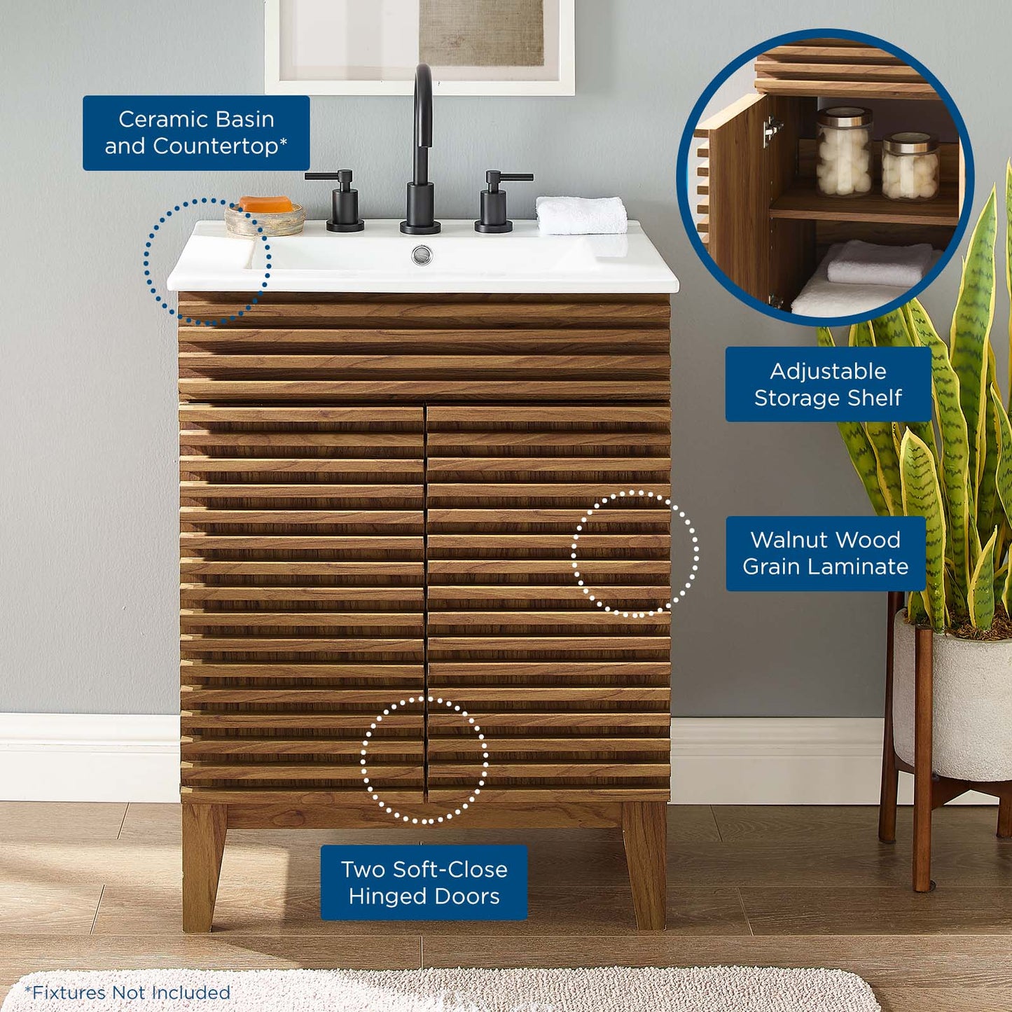 Render Bathroom Vanity, Wood, Brown Walnut White, 18617