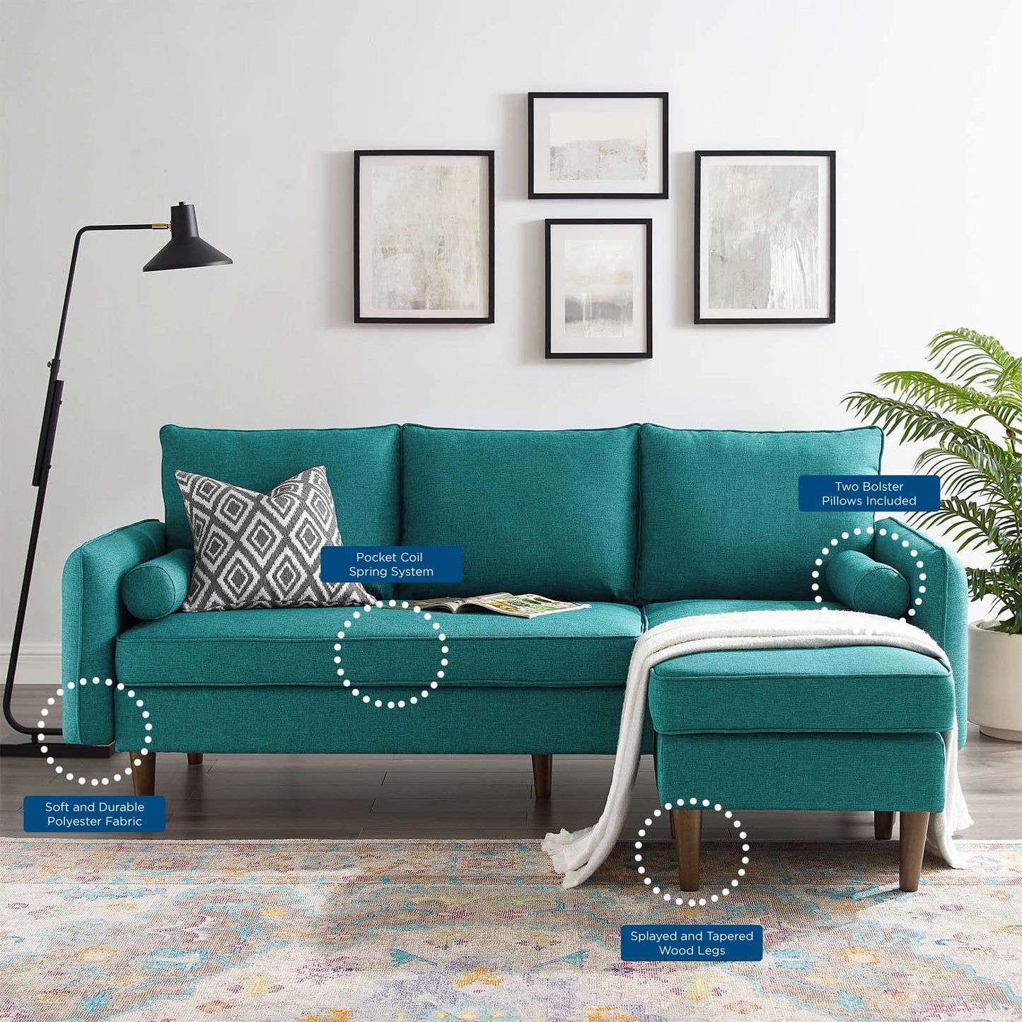 Revive Upholstered Right or Left Sectional Sofa, Fabric, Teal Blue, 18627