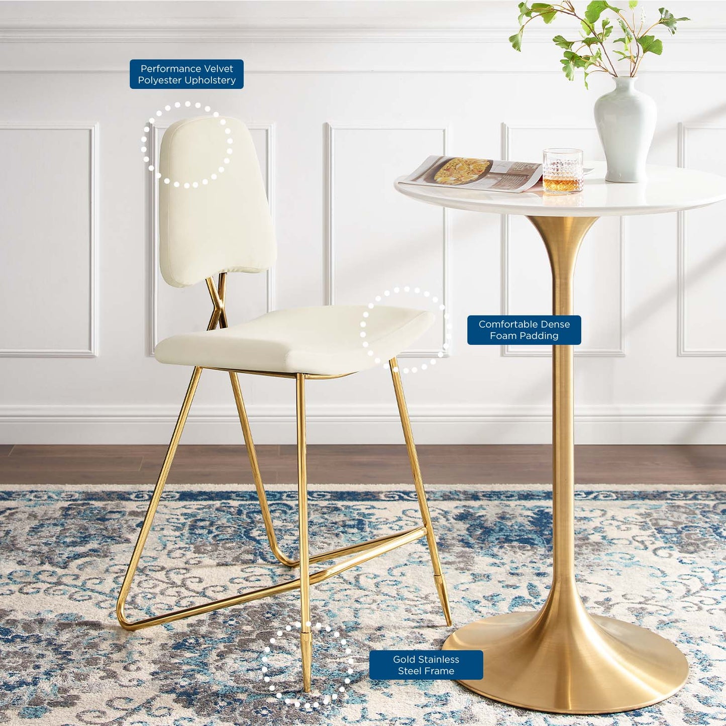 Ponder Performance Velvet Bar Stool, Velvet, Metal Steel, Ivory White, 18656